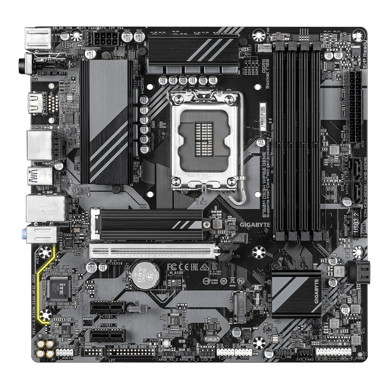 GIGABYTE B760M DS3H WIFI6E GEN5 Carte Mère – Compatible avec les processeurs Intel Core 14e génération, VRM numérique 6+2+1 phases, jusqu’à 5600 MHz DDR5, 2 x M.2 PCIe 4.0, Wi-Fi 6E, LAN 2.5 GbE, USB 3.2 Gen2
