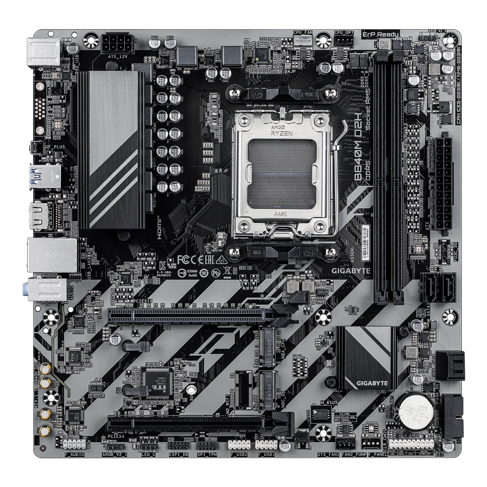 GIGABYTE B840M D2H Carte mère - Processeurs AMD Ryzen 9000, VRM 5+2+2 phases, jusqu'à 7600 MHz DDR5, 1xPCIe 4.0 + 1xPCIe 3.0 M.2, LAN 2.5GbE, USB 3.2 Gen 1