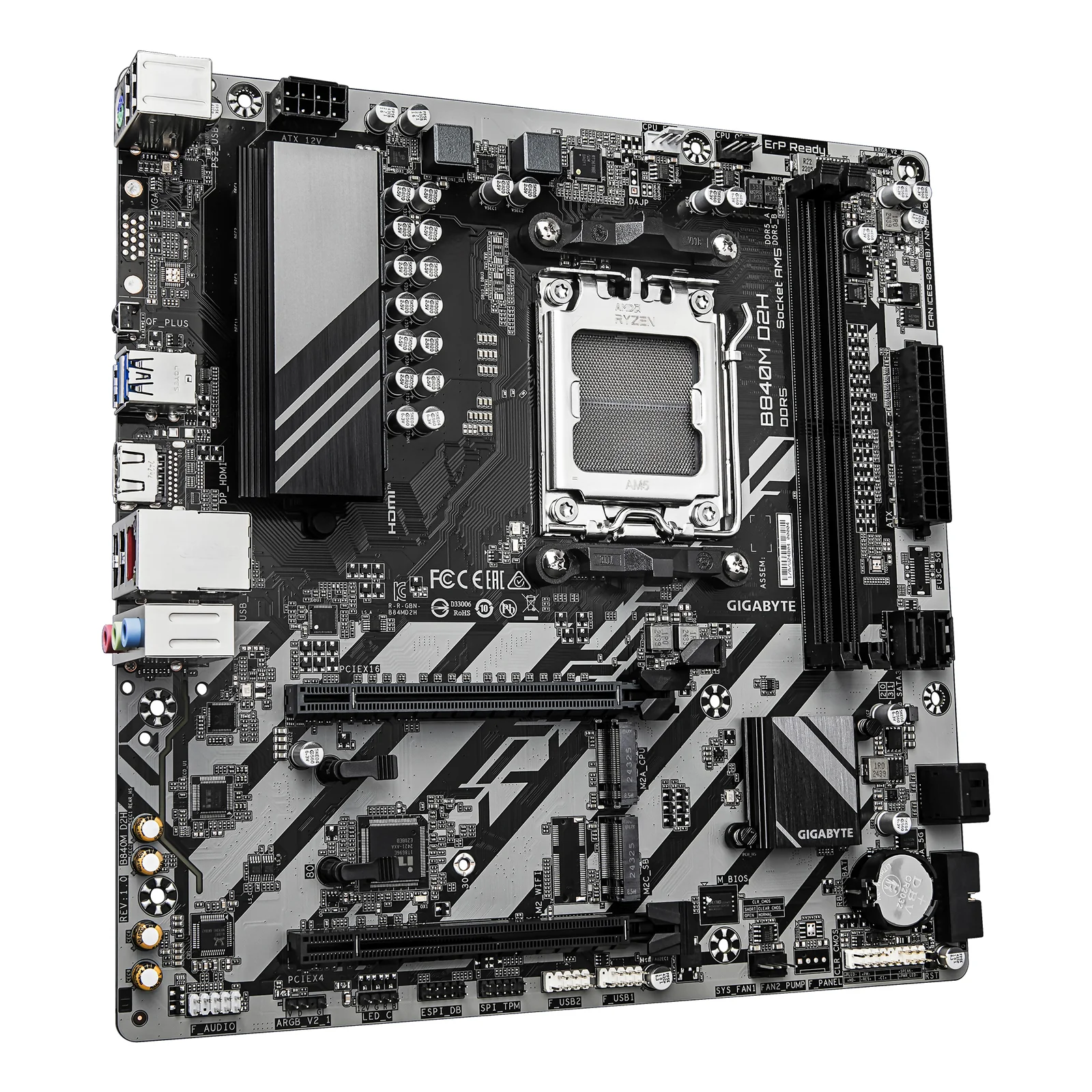 GIGABYTE B840M D2H Carte mère - Processeurs AMD Ryzen 9000, VRM 5+2+2 phases, jusqu'à 7600 MHz DDR5, 1xPCIe 4.0 + 1xPCIe 3.0 M.2, LAN 2.5GbE, USB 3.2 Gen 1