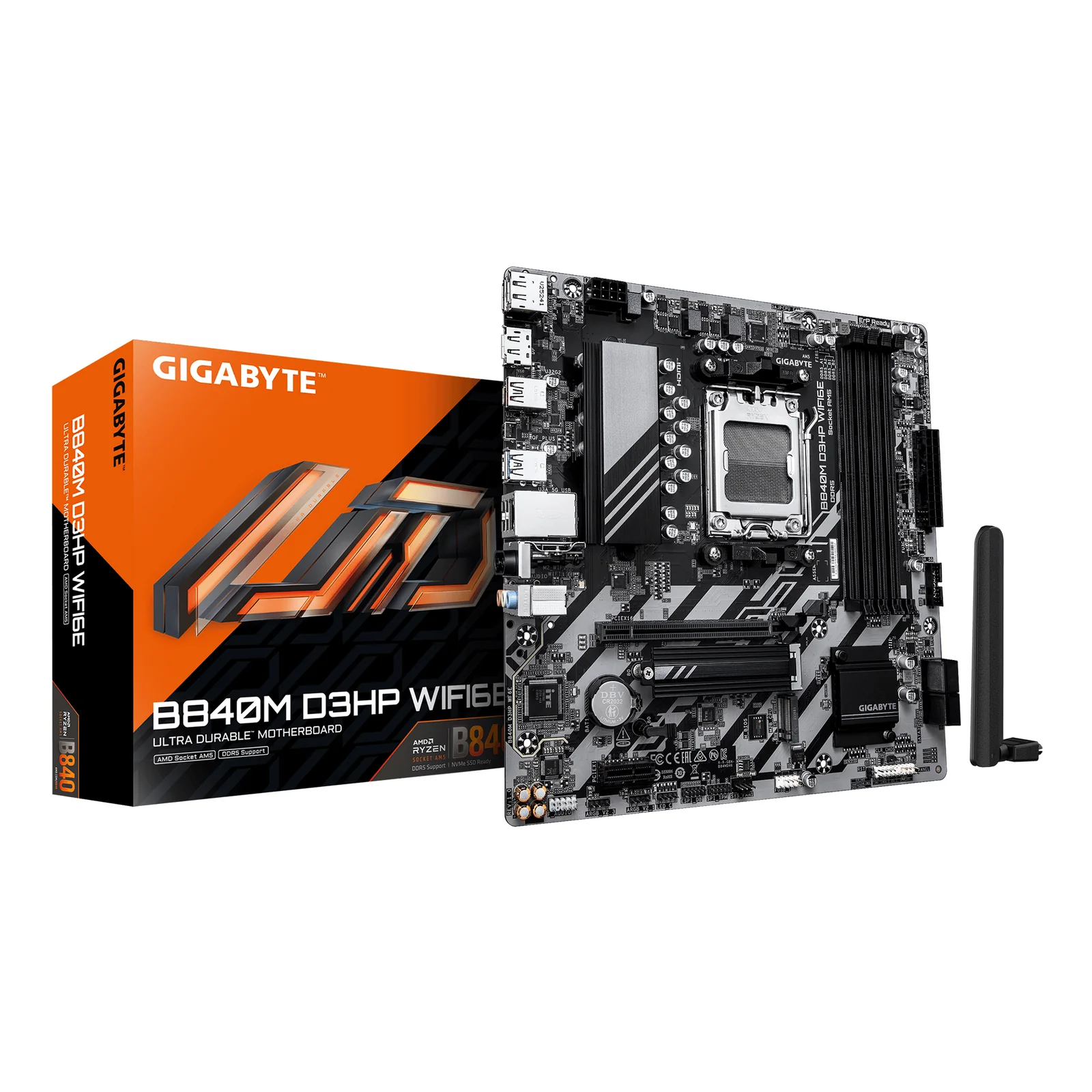 B840M D3HP WIFI6E Carte Mère – Processeurs AMD Ryzen 9000, VRM 8+2+2 phases, jusqu’à 8200 MHz DDR5 (O.C.), 2× M.2 PCIe 4.0, Wi-Fi 6E, LAN 1 GbE, USB 3.2 Gen 2