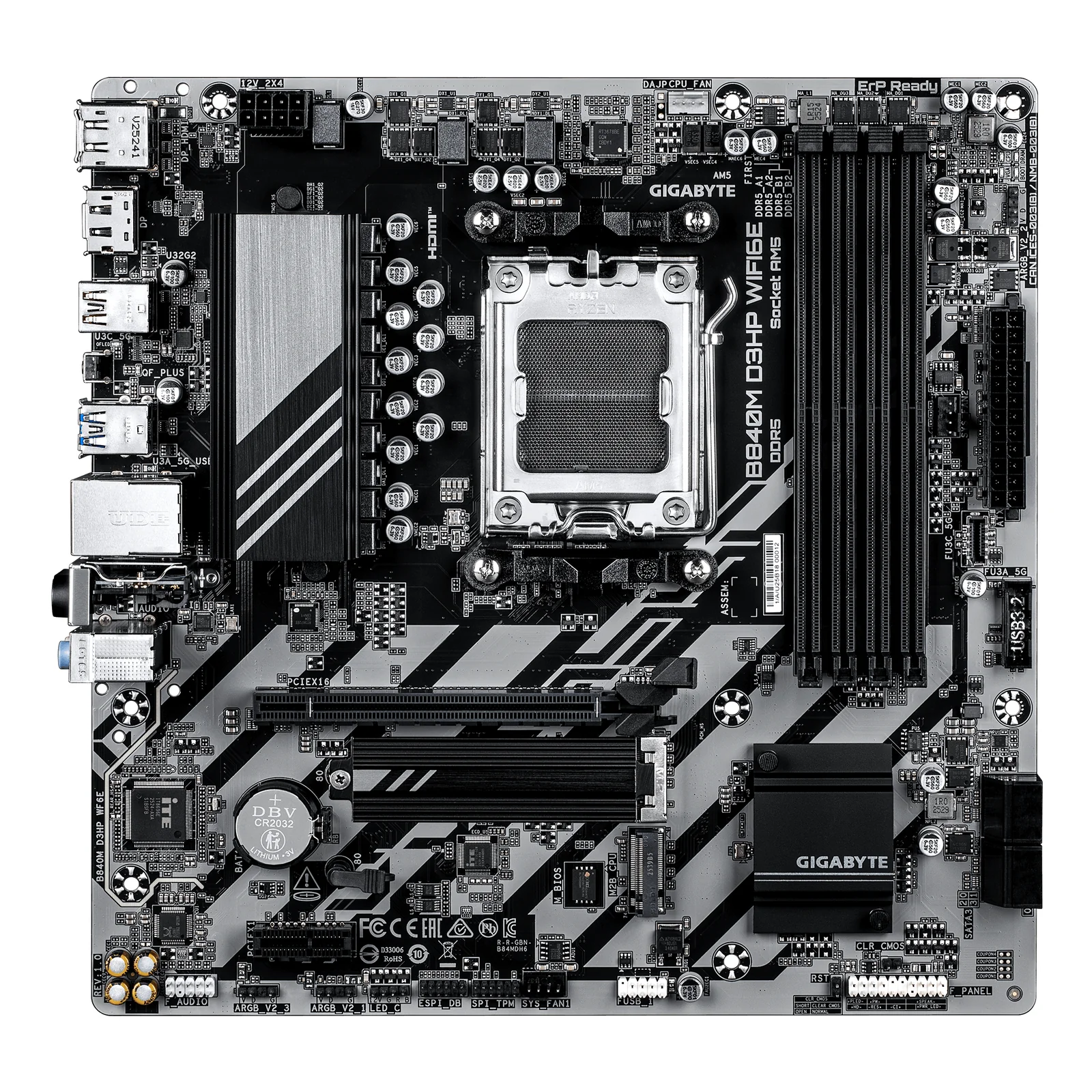 GIGABYTE B840M D3HP WIFI6E Carte Mère – Processeurs AMD Ryzen 9000, VRM 8+2+2 phases, jusqu’à 8200 MHz DDR5 (O.C.), 2× M.2 PCIe 4.0, Wi-Fi 6E, LAN 1 GbE, USB 3.2 Gen 2