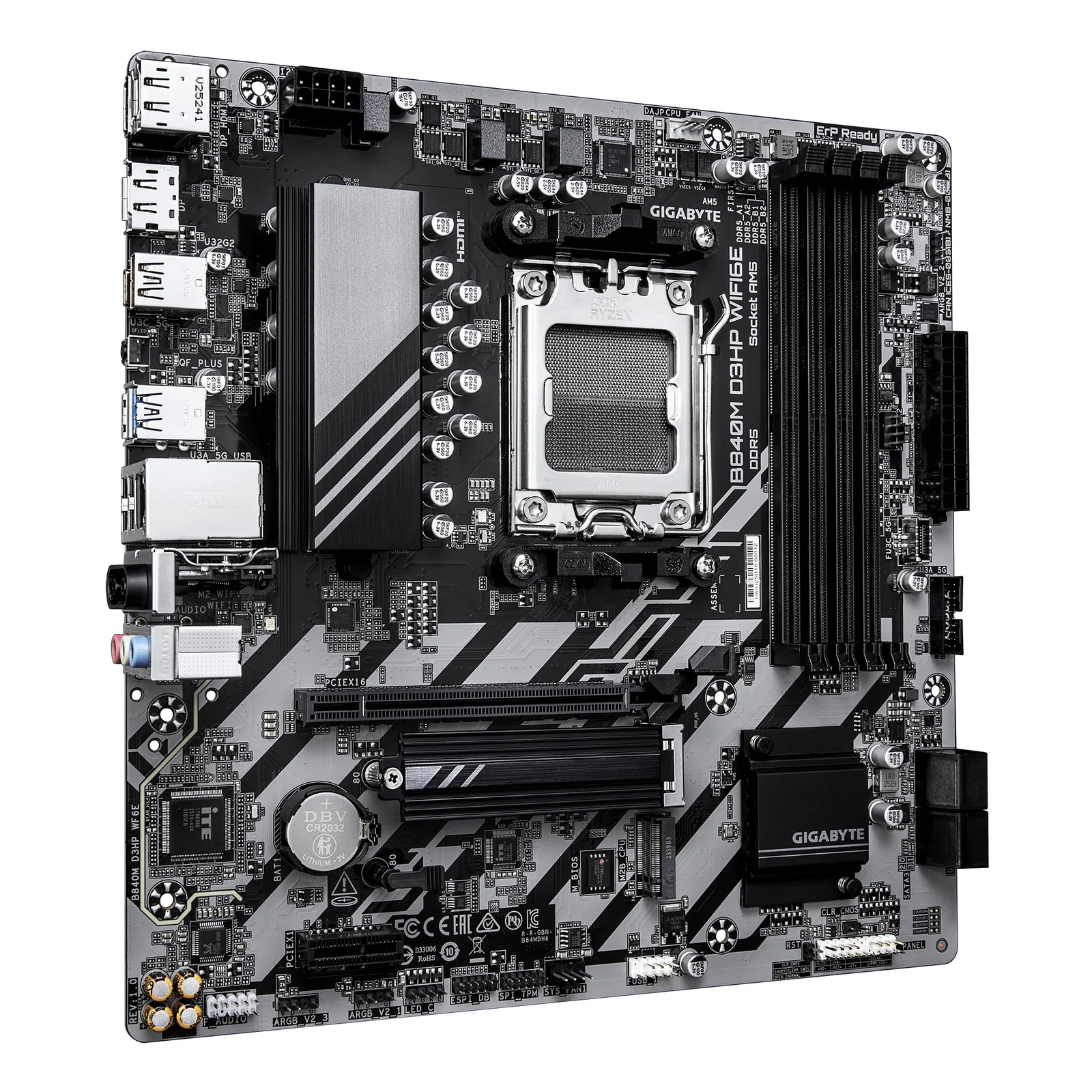 GIGABYTE B840M D3HP WIFI6E Carte Mère – Processeurs AMD Ryzen 9000, VRM 8+2+2 phases, jusqu’à 8200 MHz DDR5 (O.C.), 2× M.2 PCIe 4.0, Wi-Fi 6E, LAN 1 GbE, USB 3.2 Gen 2