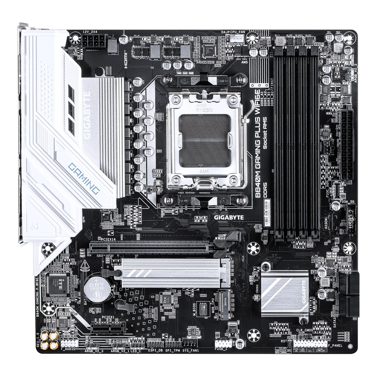GIGABYTE B840M GAMING PLUS WIFI6E Carte Mère – Processeurs AMD Ryzen 9000, VRM 8+2+2 phases, jusqu’à 8200 MHz DDR5 (O.C.), 2× M.2 PCIe 4.0, Wi-Fi 6E, LAN 1 GbE, USB 3.2 Gen 2