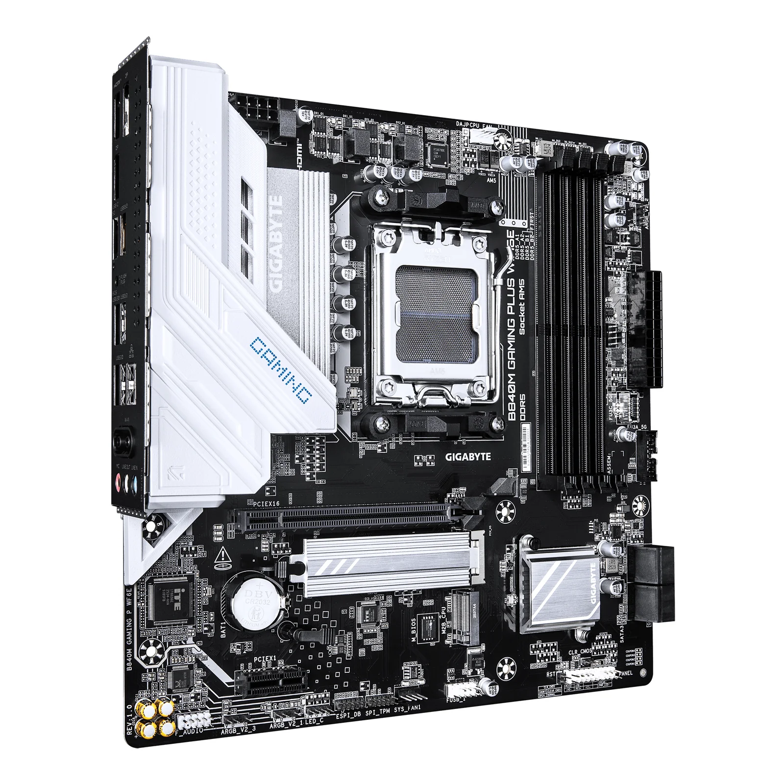 GIGABYTE B840M GAMING PLUS WIFI6E Carte Mère – Processeurs AMD Ryzen 9000, VRM 8+2+2 phases, jusqu’à 8200 MHz DDR5 (O.C.), 2× M.2 PCIe 4.0, Wi-Fi 6E, LAN 1 GbE, USB 3.2 Gen 2