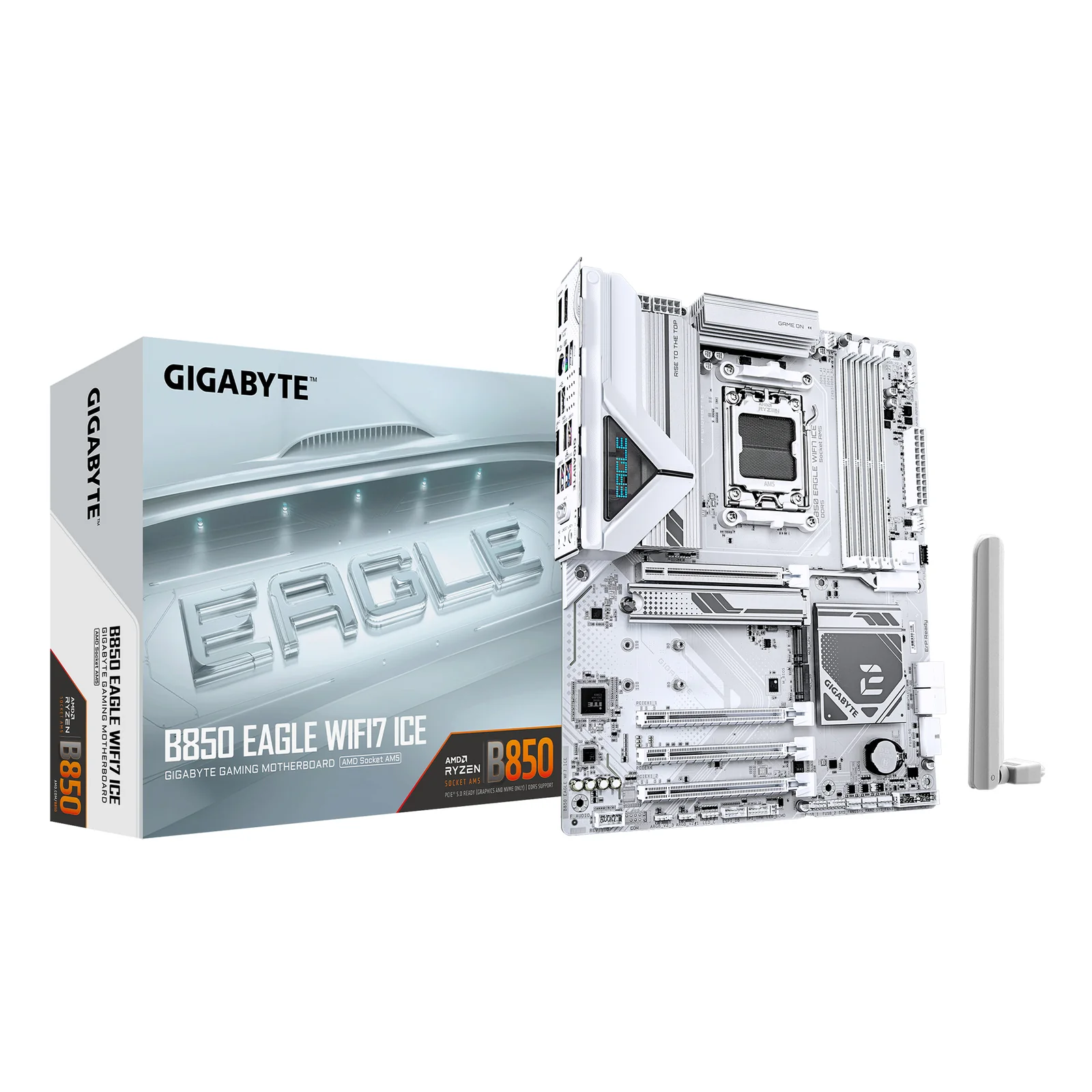 B850 EAGLE WIFI7 ICE Carte mère - Processeurs AMD Ryzen série 9000, VRM numérique 8+2+2 phases, jusqu'à 8200 MHz DDR5 (O.C.), 1x M.2 PCIe 5.0 + 2x M.2 PCIe 4.0, Wi-Fi 7, LAN 2.5 GbE, USB 3.2 Gen 2