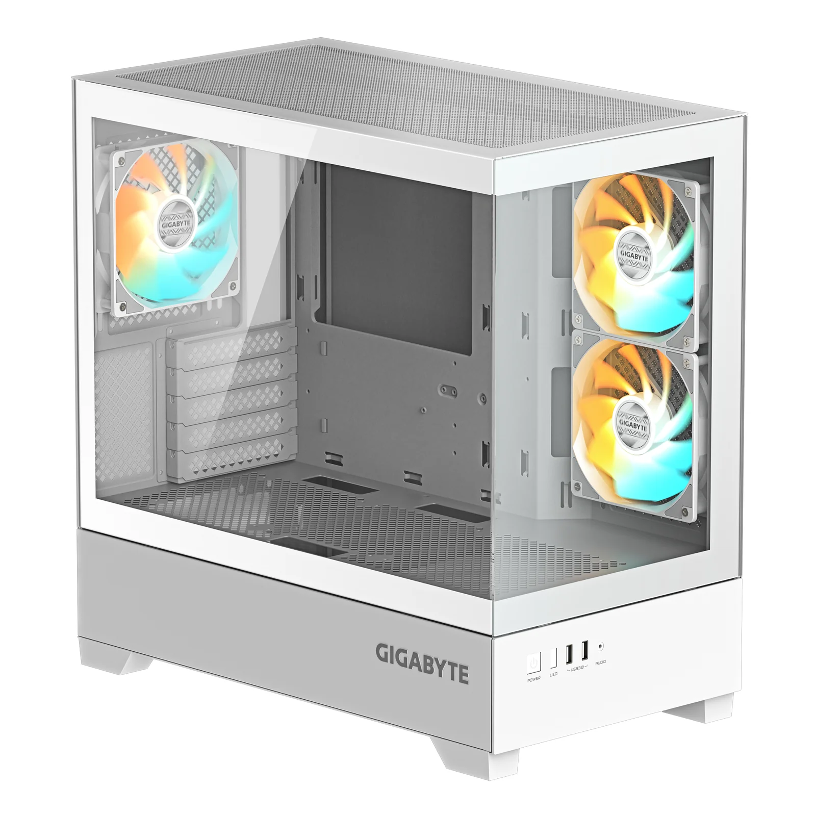 GIGABYTE C201 PANORAMIC ICE Boîtier PC – Moyen Tour, m-ATX, compatible radiateur 360 mm, 3 ventilateurs préinstallés, USB 3.0, compatible RGB Fusion