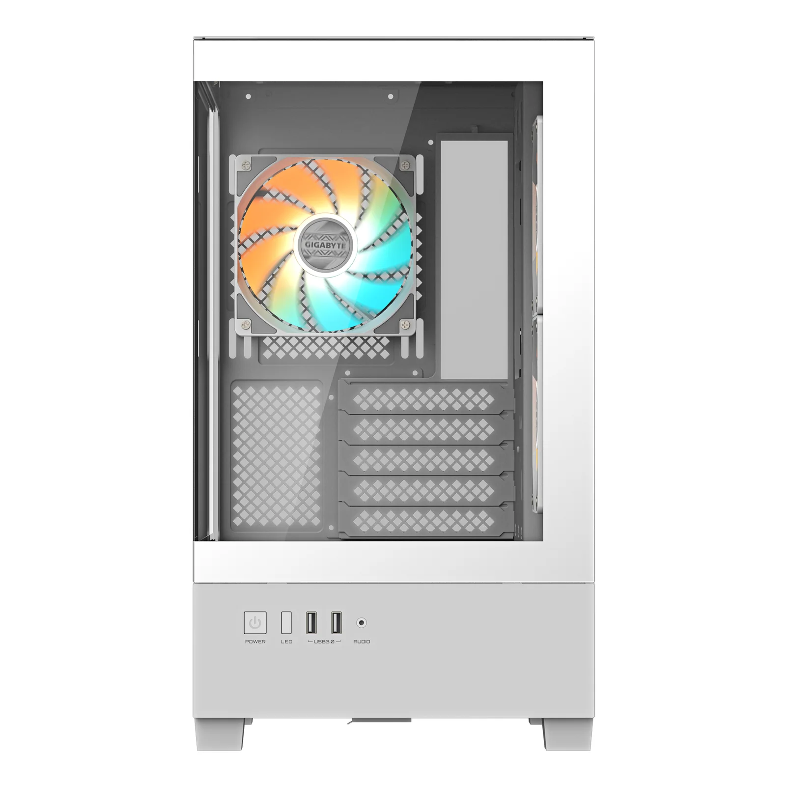 GIGABYTE C201 PANORAMIC ICE Boîtier PC – Moyen Tour, m-ATX, compatible radiateur 360 mm, 3 ventilateurs préinstallés, USB 3.0, compatible RGB Fusion