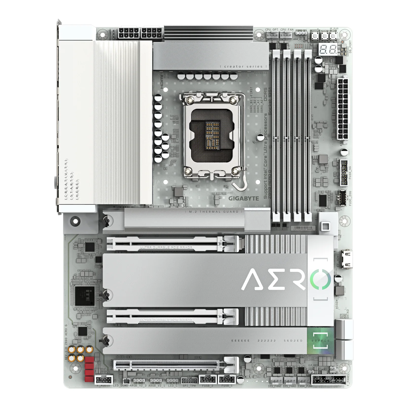 GIGABYTE Carte mère Z890 AERO G - Prend en charge les processeurs Intel Core Ultra (Série 2), VRM à 16+1+2 phases, jusqu'à 8800MHz DDR5 (OC), 1xPCIe 5.0 + 4xPCIe 4.0, Wi-Fi 7, LAN 2.5GbE, Thunderbolt 4