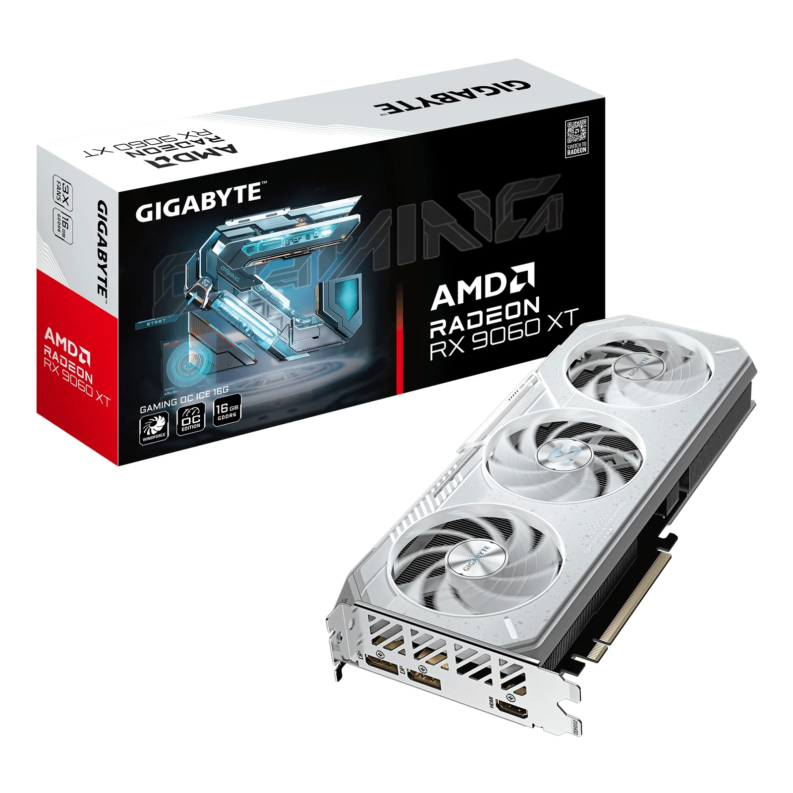 GAMING Carte Graphique Radeon RX 9060 XT OC ICE 16G - 16GB GDDR6, 256bit, PCI-E 5.0, 3320 MHz Core Clock, 2 x DisplayPort, 1 x HDMI, GV-R906XGAMINGOCICE-16GD