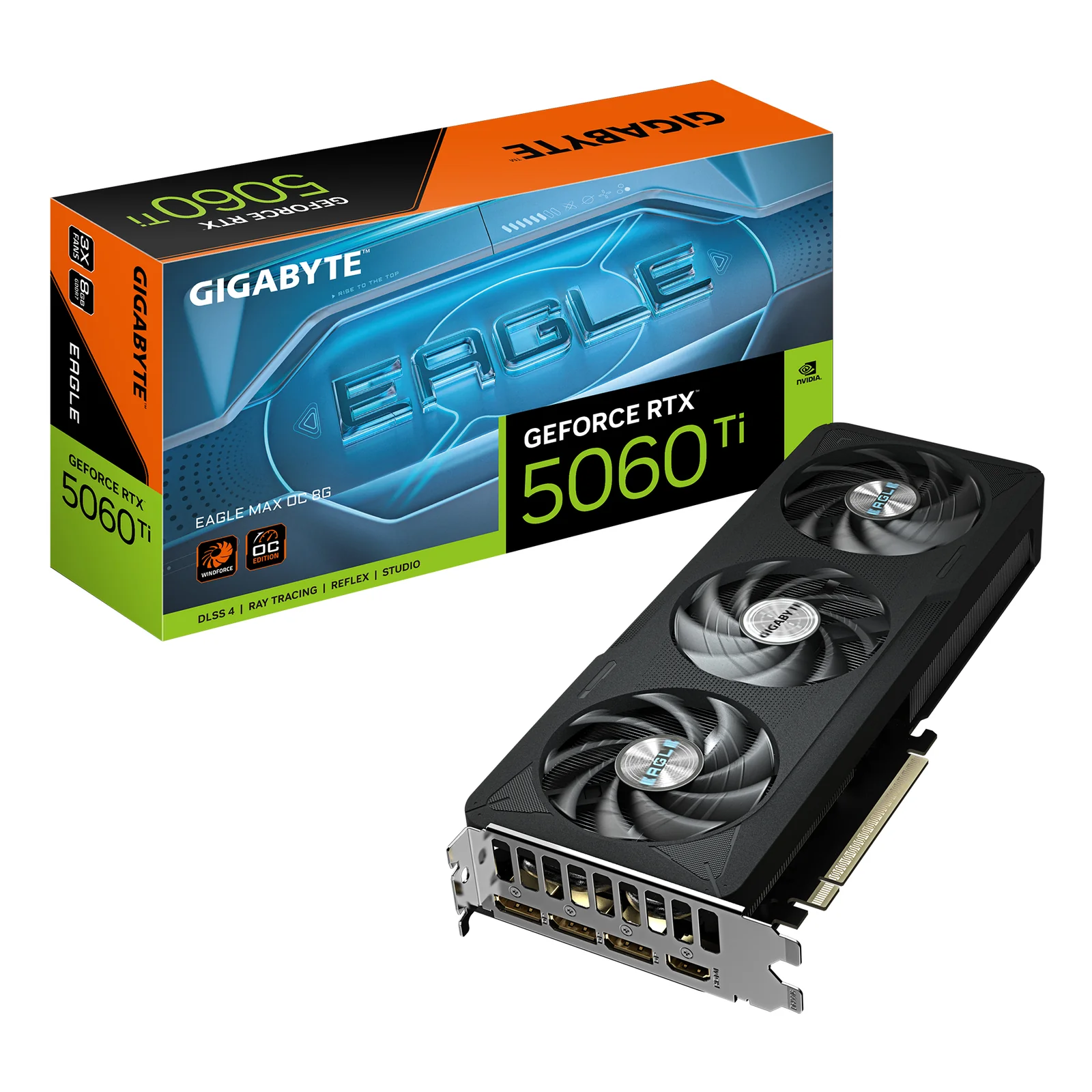 GeForce RTX 5060 Ti EAGLE MAX OC 8G Carte Graphique – 8 Go GDDR7, 128 bits, PCI-E 5.0, 2617MHz Fréquence du processeur, 3 x DisplayPort, 1 x HDMI, NVIDIA DLSS 4, GV-N506TEAGLEMAX OC-8GD