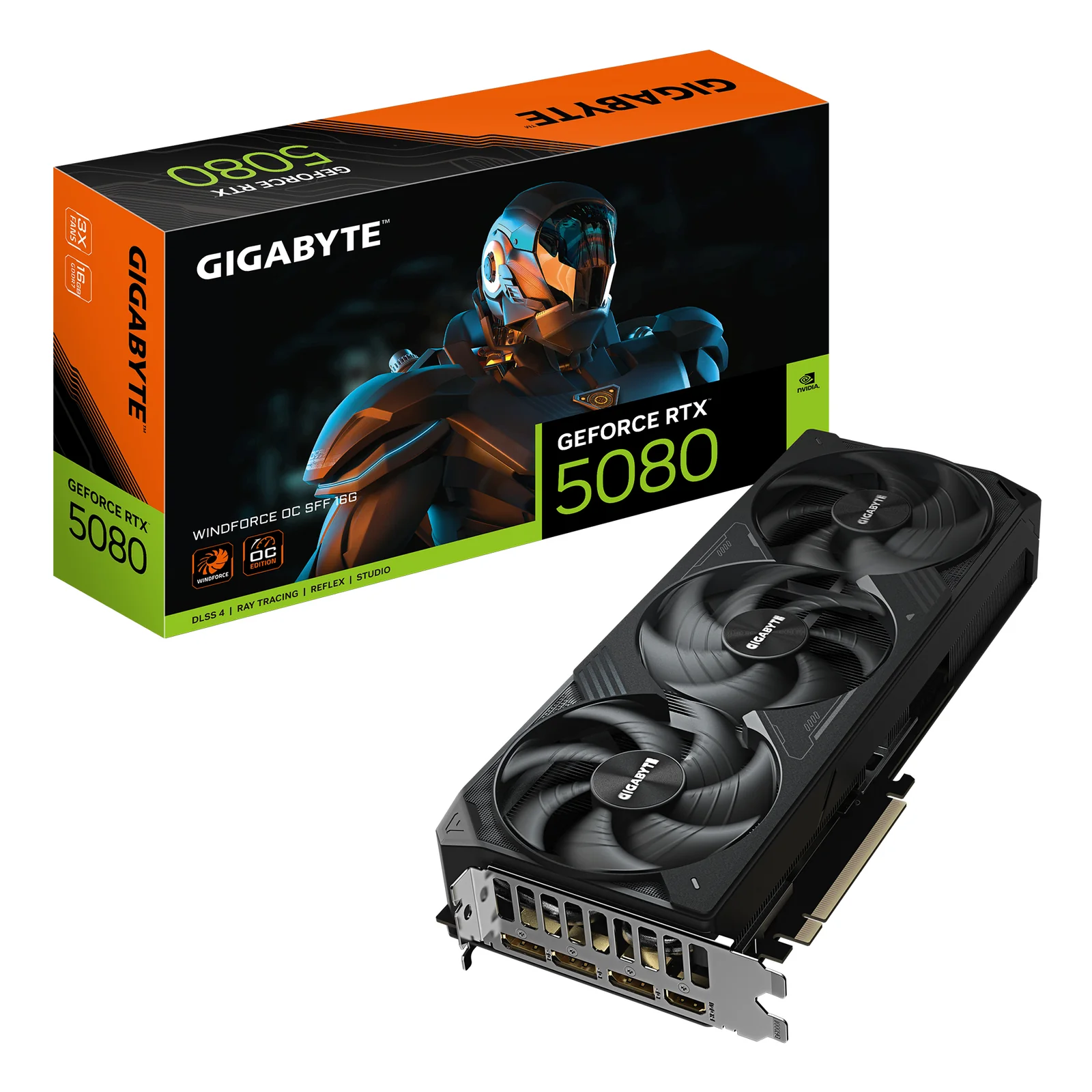GeForce RTX 5080 WINDFORCE OC SFF 16G Carte Graphique - 16 Go GDDR7, 256 bits, PCI-E 5.0, 2670MHz Fréquence du Cœur, 3 x DP 2.1a, 1 x HDMI 2.1b, GV-N5080WF3OC-16GD