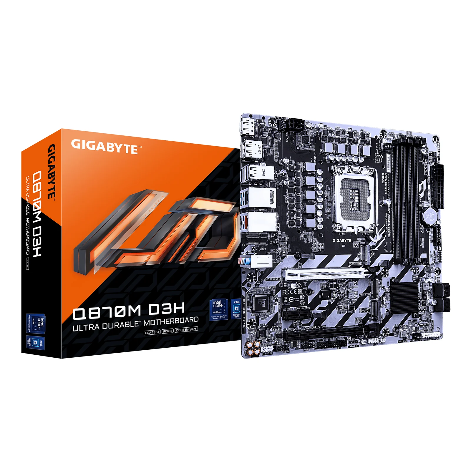 Q870M D3H Carte Mère – Processeurs Intel Core Ultra (Série 2), VRM 4+1+2 phases, jusqu’à 6400 MHz DDR5 (O.C), 2× M.2 PCIe 4.0, LAN 2.5 GbE, USB 3.2 Gen 2