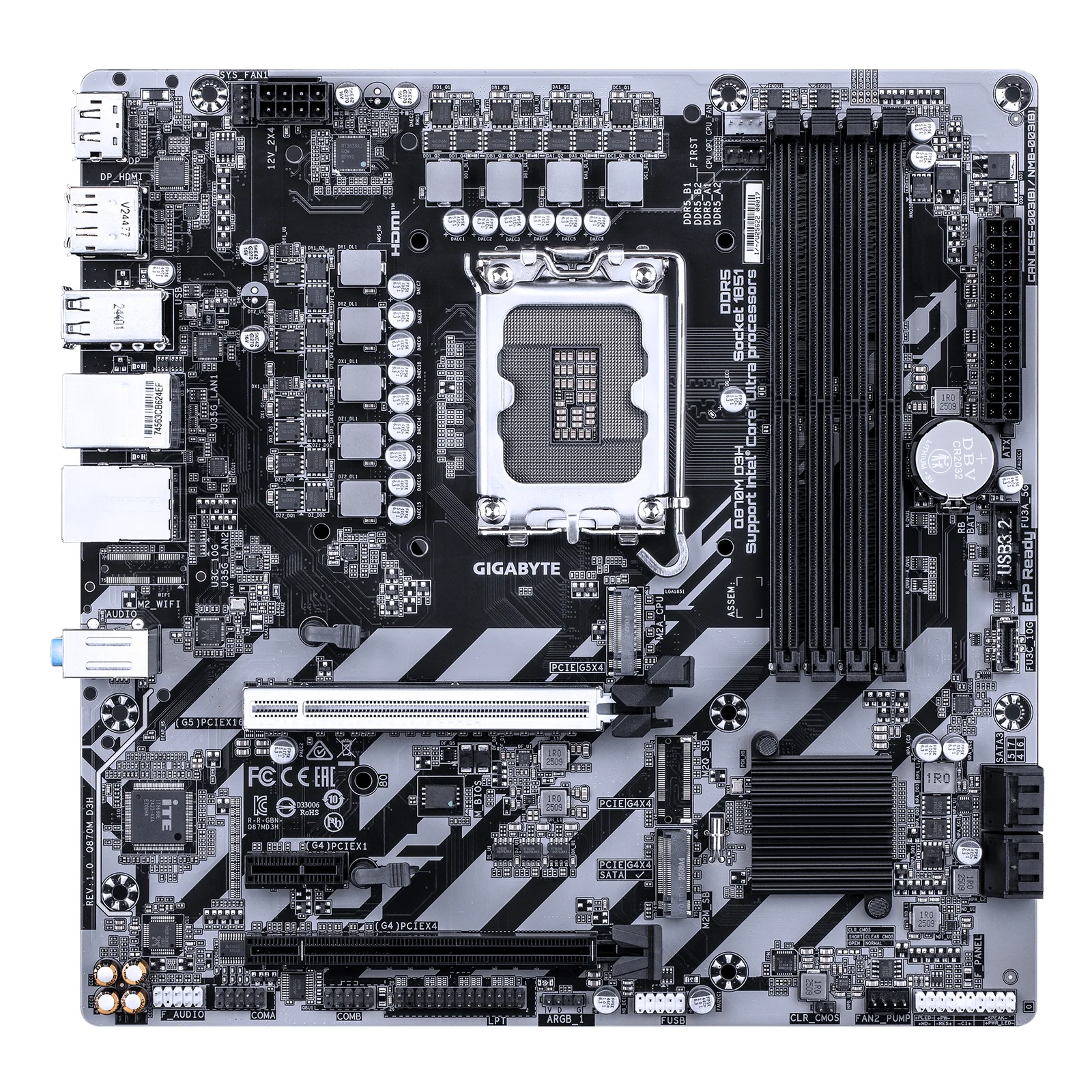 GIGABYTE Q870M D3H Carte Mère – Processeurs Intel Core Ultra (Série 2), VRM 4+1+2 phases, jusqu’à 6400 MHz DDR5 (O.C), 2× M.2 PCIe 4.0, LAN 2.5 GbE, USB 3.2 Gen 2