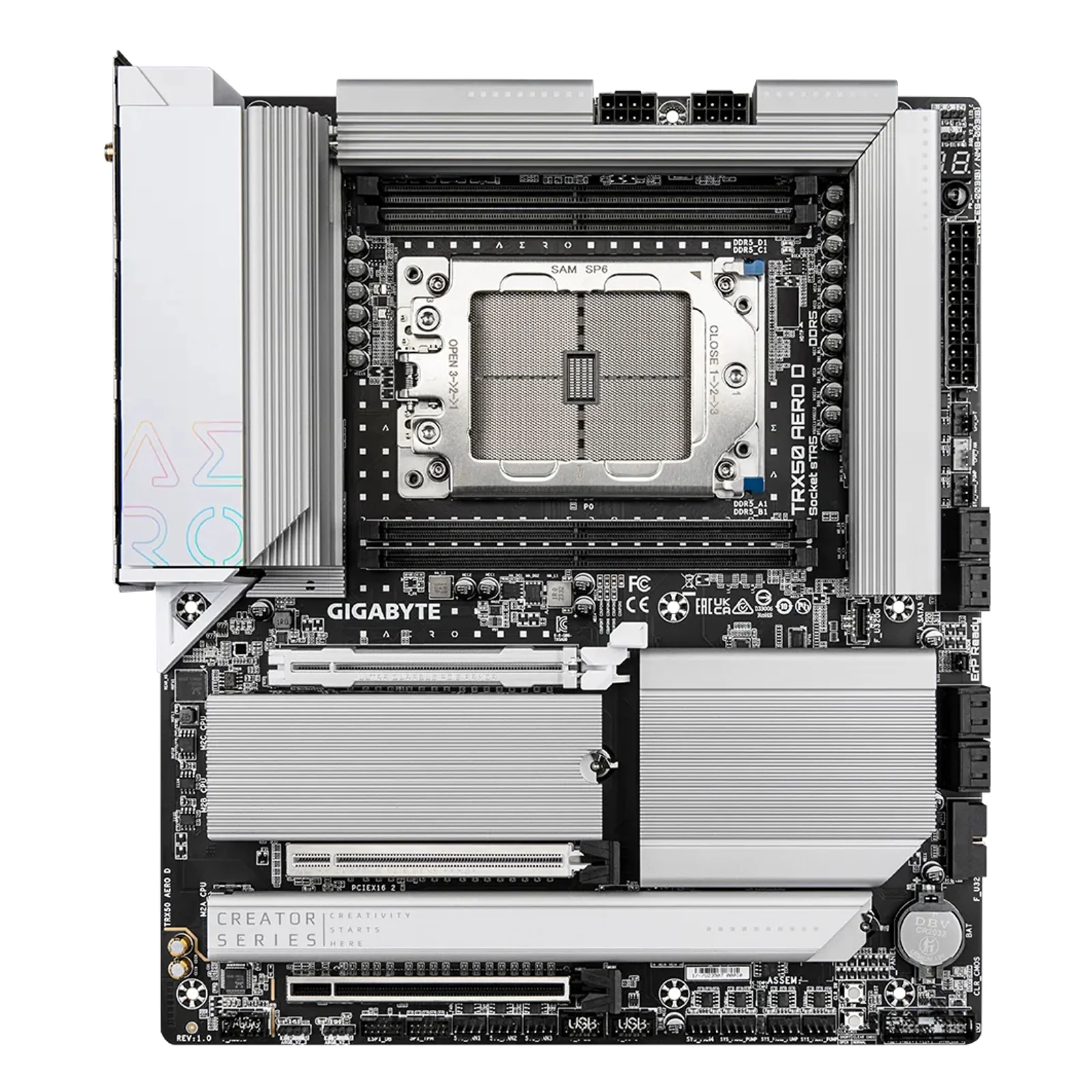GIGABYTE TRX50 AERO D Carte mère - Compatible avec AMD Ryzen Threadripper 9000 Series CPUs, 16+8+4 Phases Digital VRM, up to 7800MHz DDR5 (OC), 3xPCIe 5.0 + 1xPCIe 4.0 M.2, Wi-Fi 7, 10GbE LAN, USB4