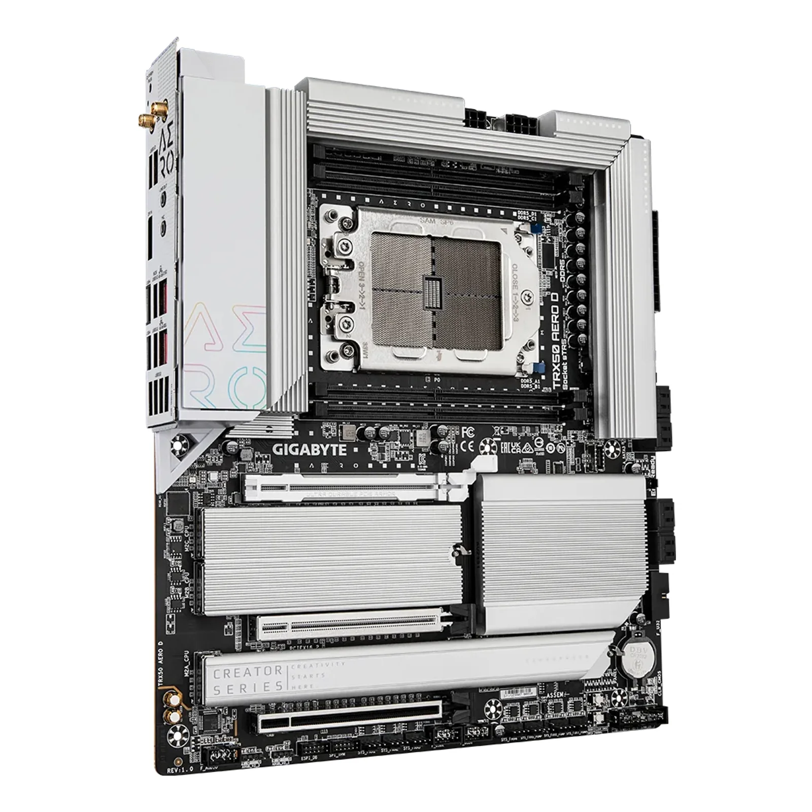 GIGABYTE TRX50 AERO D Carte mère - Compatible avec AMD Ryzen Threadripper 9000 Series CPUs, 16+8+4 Phases Digital VRM, up to 7800MHz DDR5 (OC), 3xPCIe 5.0 + 1xPCIe 4.0 M.2, Wi-Fi 7, 10GbE LAN, USB4