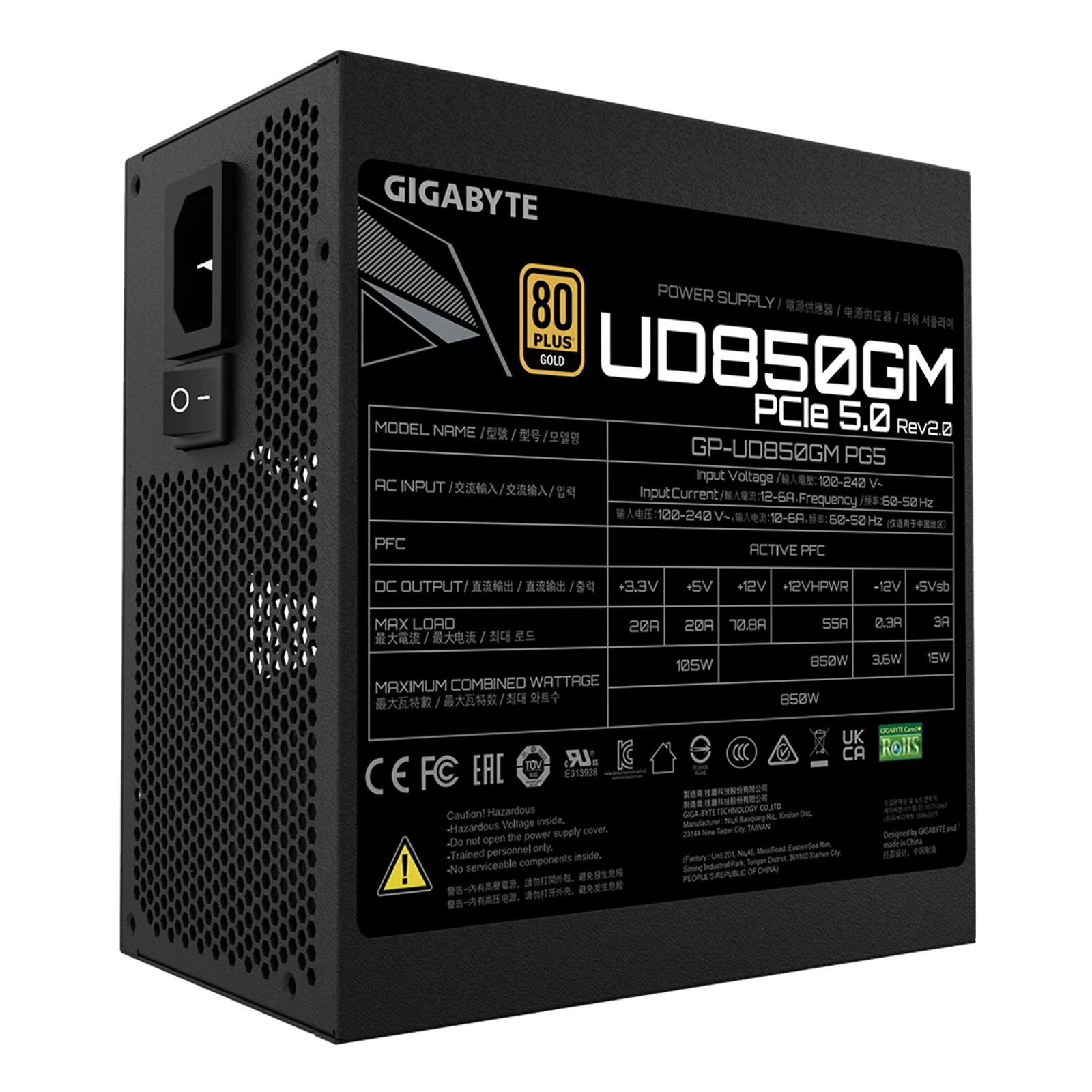 GIGABYTE UD850GM PG5 V2 Bloc d’Alimentation – PCIe Gen 5.1, 80 PLUS Gold, Conception entièrement modulaire, Ventilateur 120 mm, Compatible ATX 3.1, Prise EU