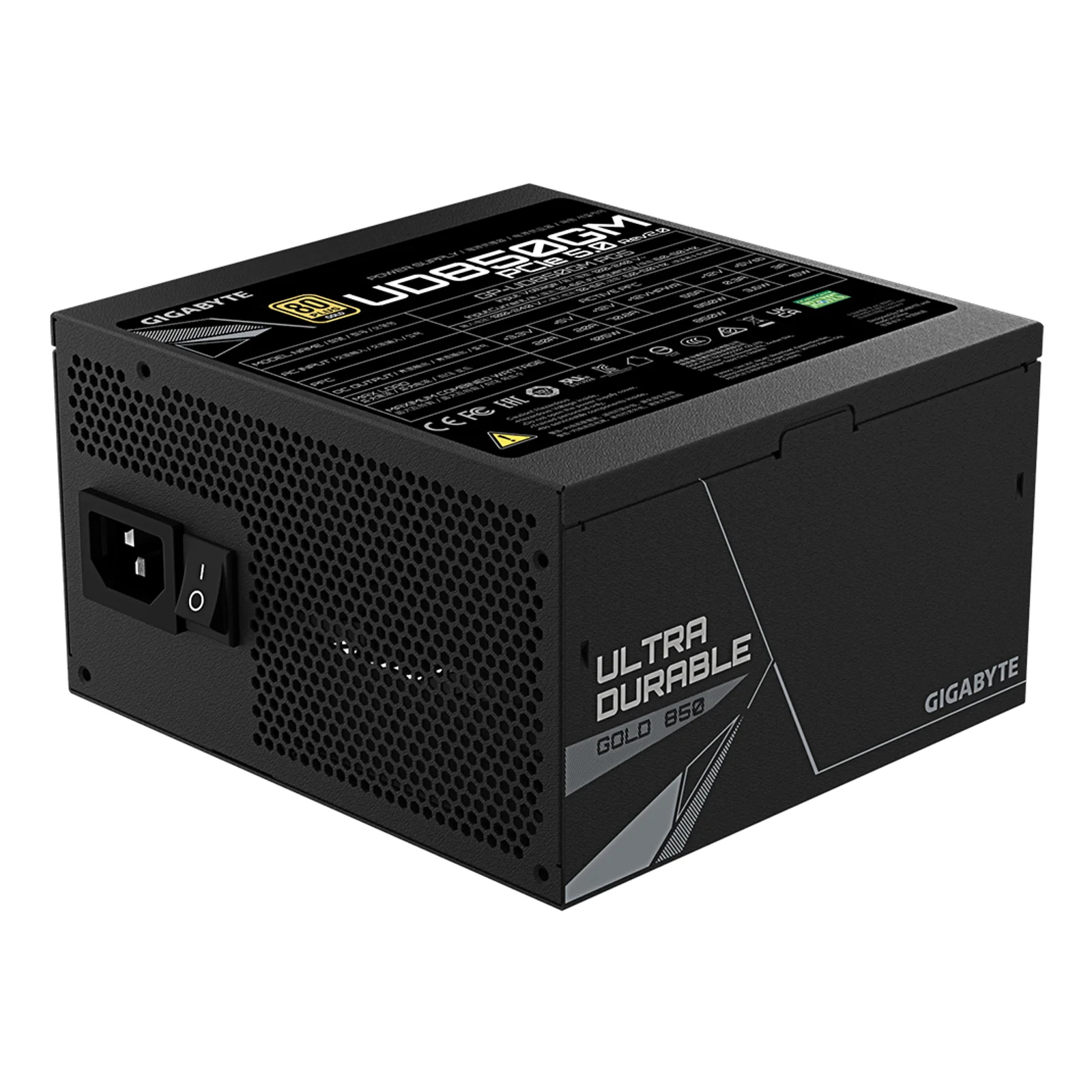 GIGABYTE UD850GM PG5 V2 Bloc d’Alimentation – PCIe Gen 5.1, 80 PLUS Gold, Conception entièrement modulaire, Ventilateur 120 mm, Compatible ATX 3.1, Prise EU