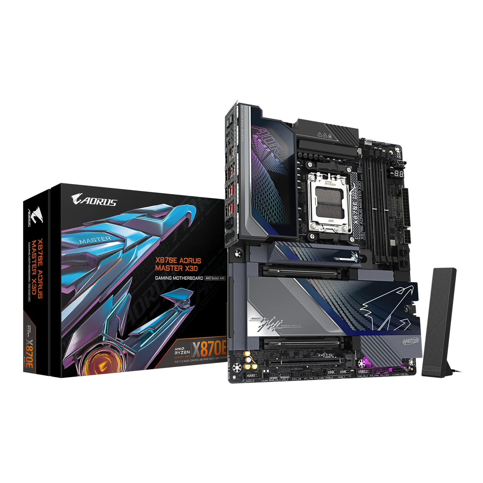 X870E AORUS MASTER X3D Carte Mère - Prend en charge les processeurs AMD Ryzen 9000, VRM numérique 18+2+2 phases, jusqu’à 9000MHz DDR5 (O.C.), 2xPCIe 5.0 + 3xPCIe 4.0, Wi-Fi 7, LAN 10GbE, USB 4