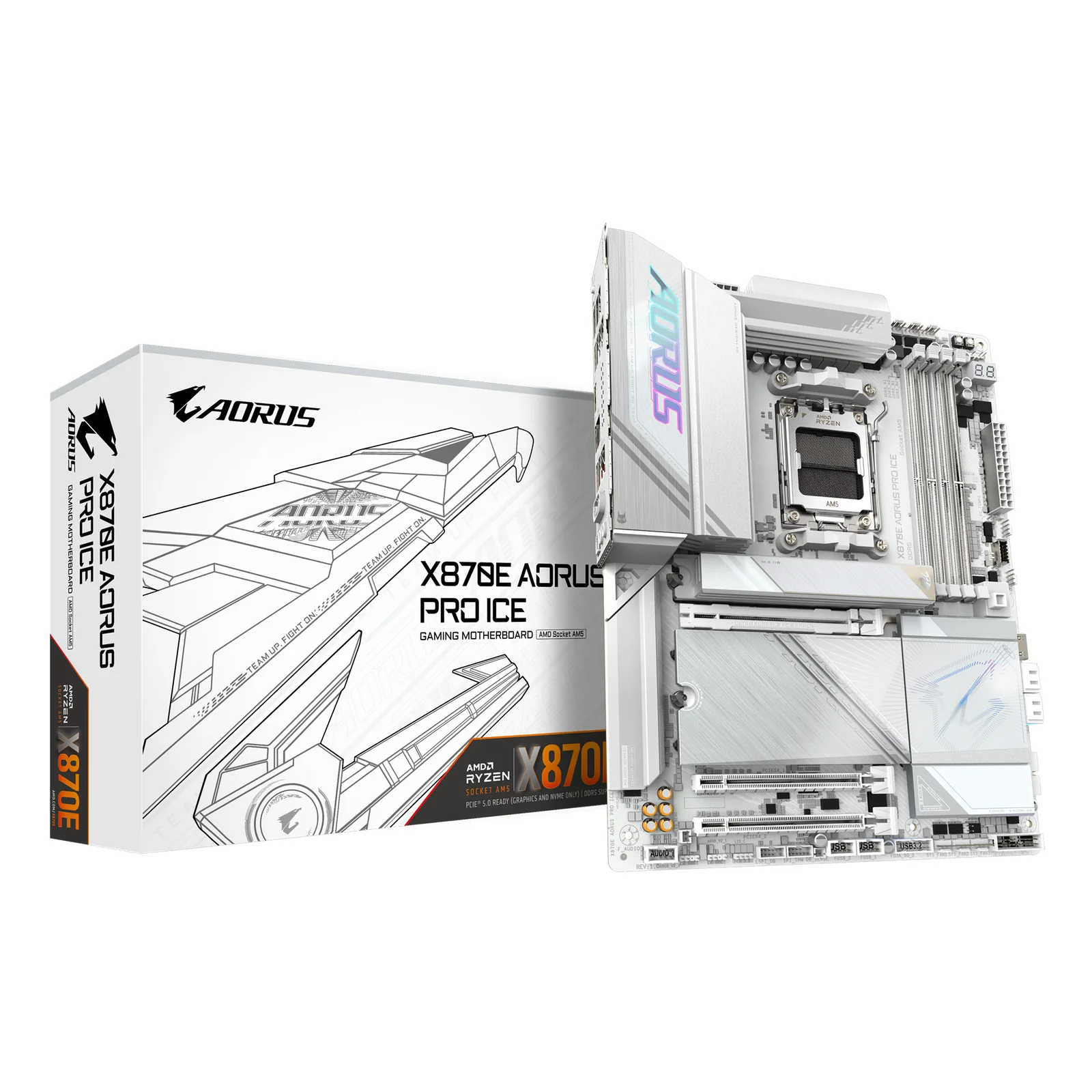 X870E AORUS PRO ICE Carte Mère - Prend en charge les processeurs AMD Ryzen 9000, 16+2+2 Phases VRM Digital, jusqu'à 8000MHz DDR5 (OC), 3xPCIe 5.0 + 1xPCIe 4.0, Wi-Fi 7, 2.5GbE LAN, USB 4