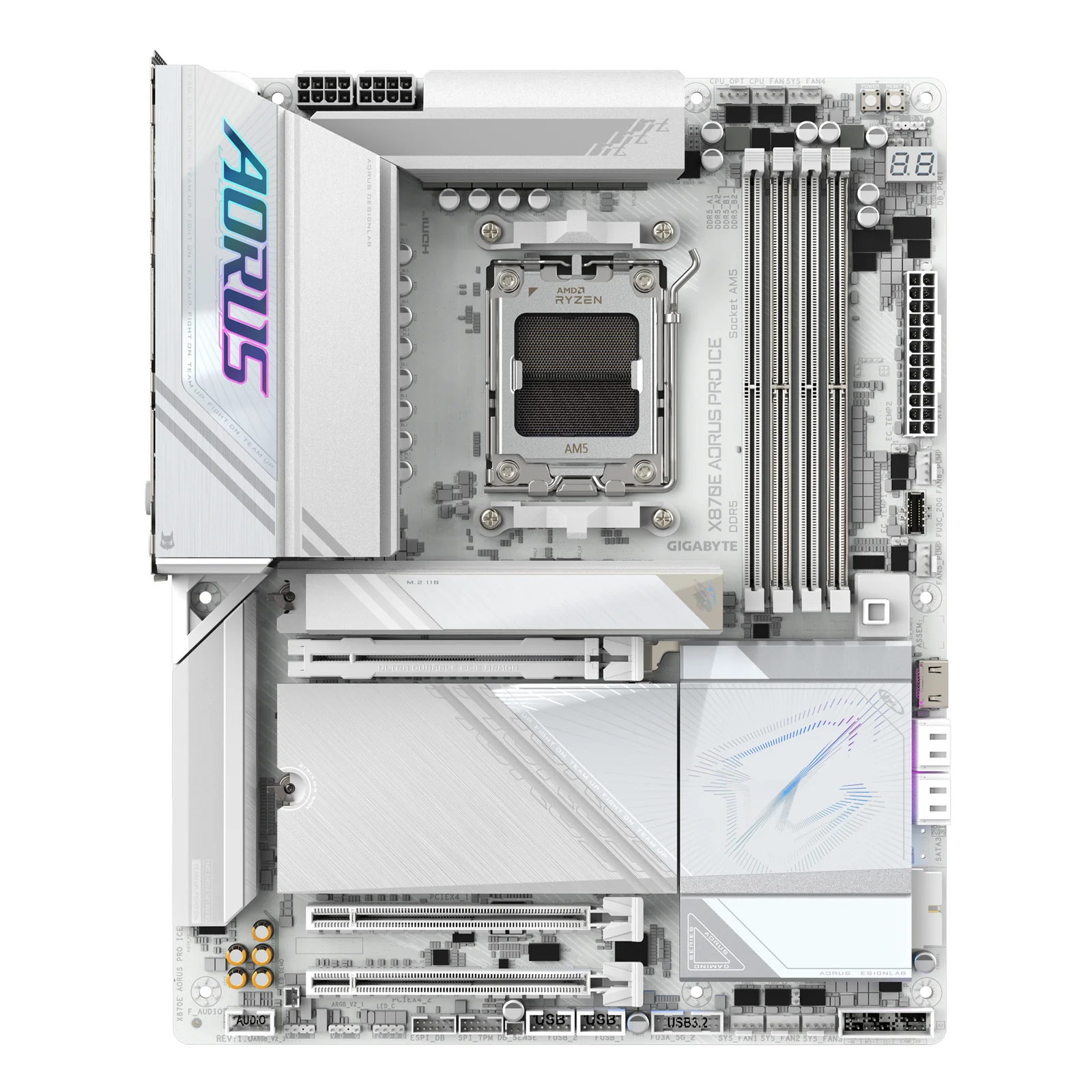 GIGABYTE X870E AORUS PRO ICE Carte Mère - Prend en charge les processeurs AMD Ryzen 9000, 16+2+2 Phases VRM Digital, jusqu'à 8000MHz DDR5 (OC), 3xPCIe 5.0 + 1xPCIe 4.0, Wi-Fi 7, 2.5GbE LAN, USB 4