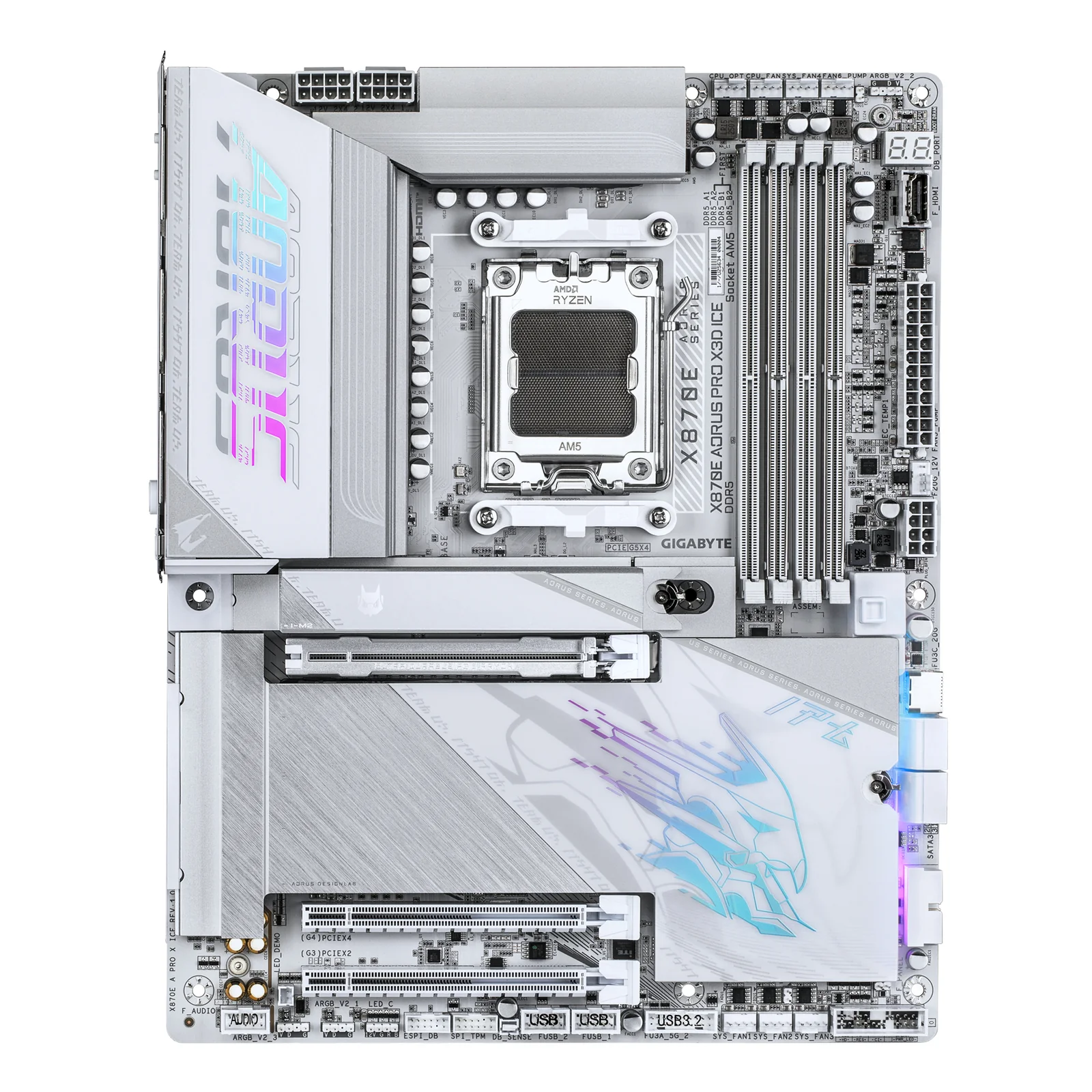 GIGABYTE X870E AORUS PRO X3D ICE Carte Mère – Prend en charge les processeurs AMD Ryzen 9000, VRM numérique 18+2+2 phases, jusqu’à 9000 Hz DDR5 (OC), 2 x PCIe 5.0 + 2 x PCIe 4.0, Wi-Fi 7, LAN 5 GbE, USB 4