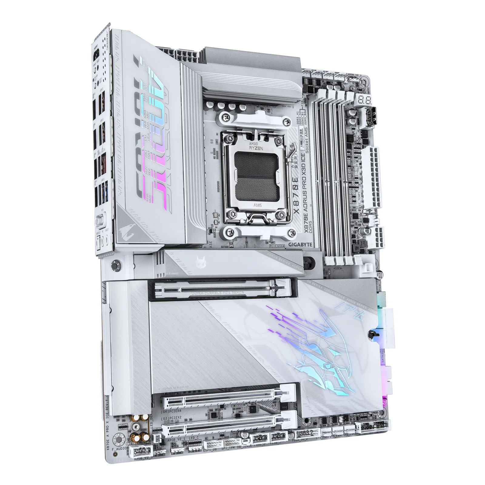 GIGABYTE X870E AORUS PRO X3D ICE Carte Mère – Prend en charge les processeurs AMD Ryzen 9000, VRM numérique 18+2+2 phases, jusqu’à 9000 Hz DDR5 (OC), 2 x PCIe 5.0 + 2 x PCIe 4.0, Wi-Fi 7, LAN 5 GbE, USB 4