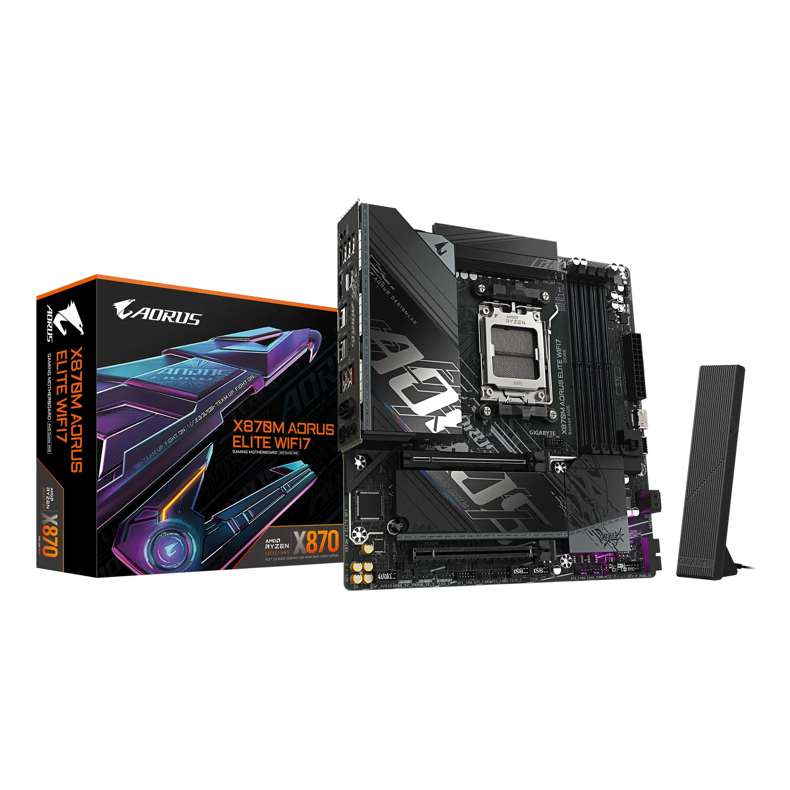 X870M AORUS ELITE WIFI7 Carte Mère – Compatible avec les processeurs AMD Ryzen 9000, VRM numérique 14+2+2 phases, jusqu'à 8200 MHz DDR5 (OC), 1 x PCIe 5.0 + 1 x PCIe 4.0, Wi-Fi 7, LAN 2.5 GbE, USB 4