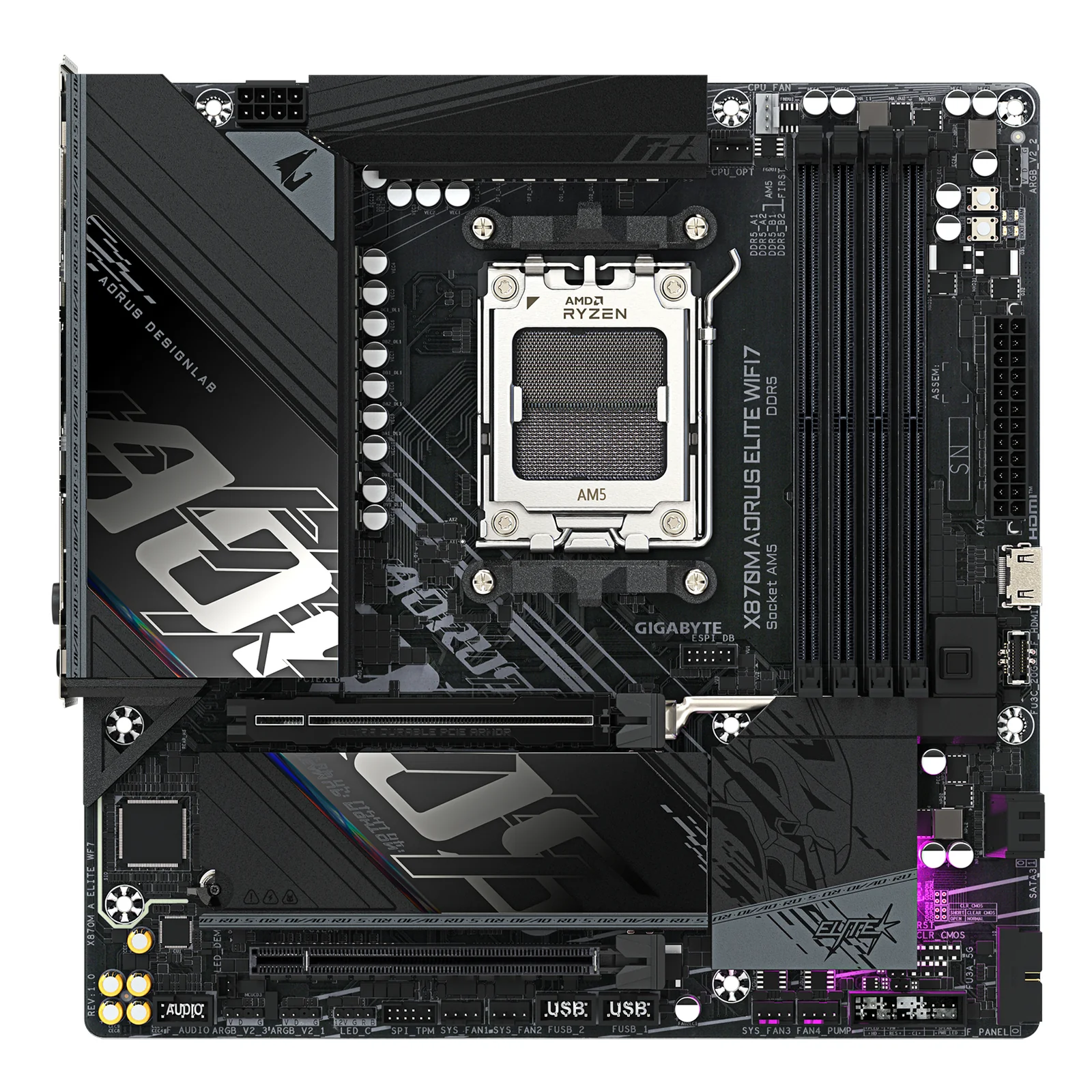 GIGABYTE X870M AORUS ELITE WIFI7 Carte Mère – Compatible avec les processeurs AMD Ryzen 9000, VRM numérique 14+2+2 phases, jusqu'à 8200 MHz DDR5 (OC), 1 x PCIe 5.0 + 1 x PCIe 4.0, Wi-Fi 7, LAN 2.5 GbE, USB 4
