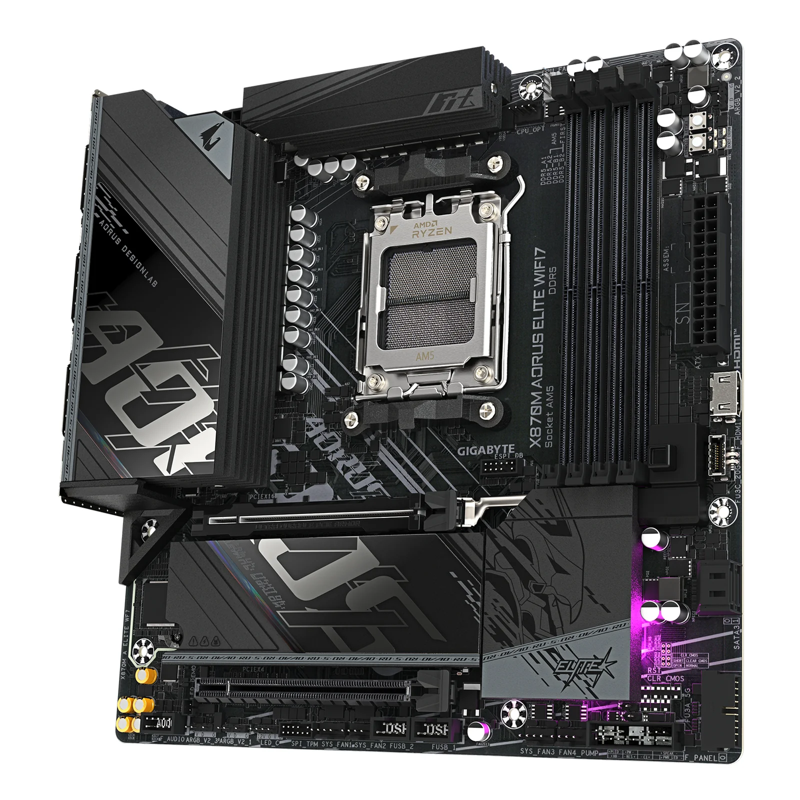 GIGABYTE X870M AORUS ELITE WIFI7 Carte Mère – Compatible avec les processeurs AMD Ryzen 9000, VRM numérique 14+2+2 phases, jusqu'à 8200 MHz DDR5 (OC), 1 x PCIe 5.0 + 1 x PCIe 4.0, Wi-Fi 7, LAN 2.5 GbE, USB 4