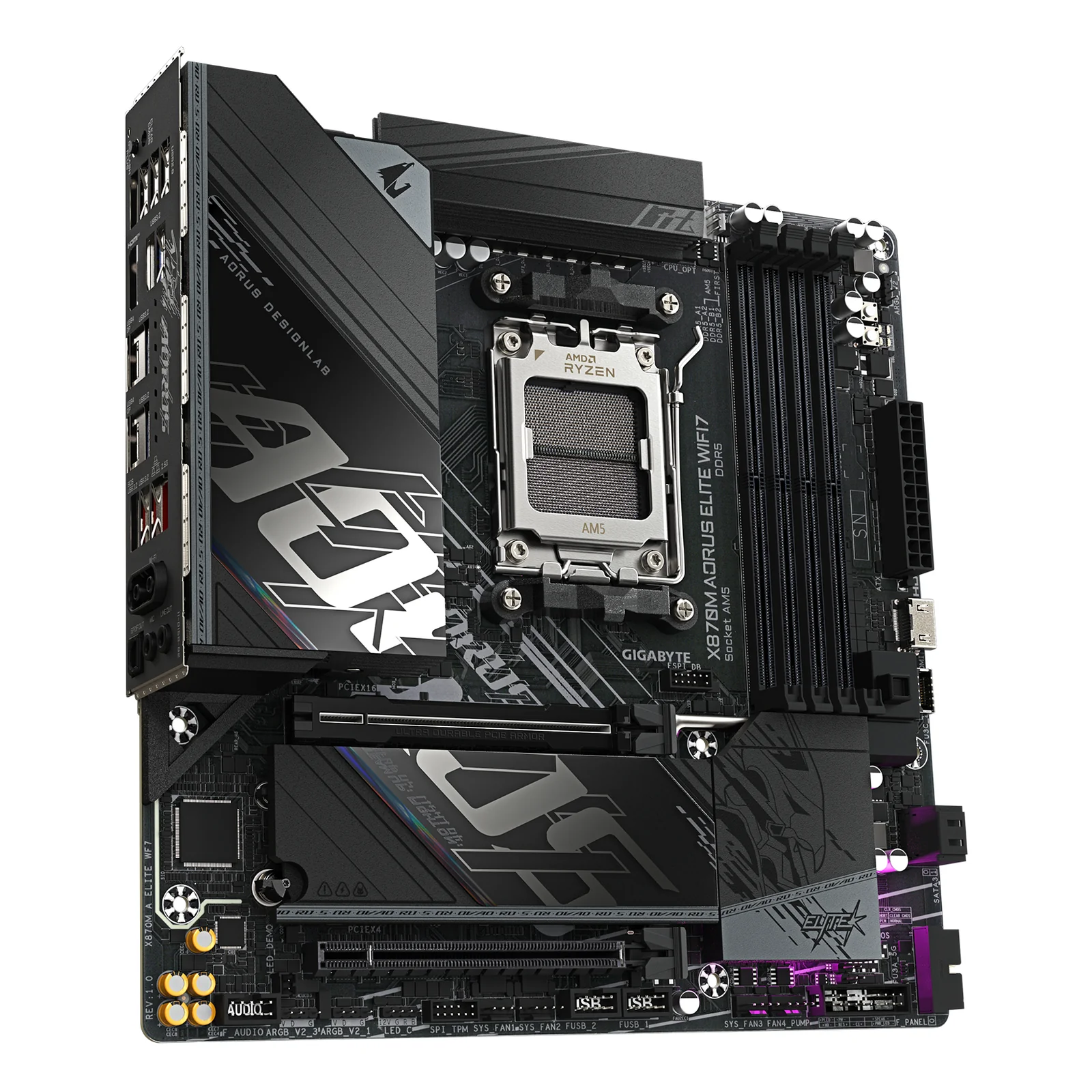 GIGABYTE X870M AORUS ELITE WIFI7 Carte Mère – Compatible avec les processeurs AMD Ryzen 9000, VRM numérique 14+2+2 phases, jusqu'à 8200 MHz DDR5 (OC), 1 x PCIe 5.0 + 1 x PCIe 4.0, Wi-Fi 7, LAN 2.5 GbE, USB 4