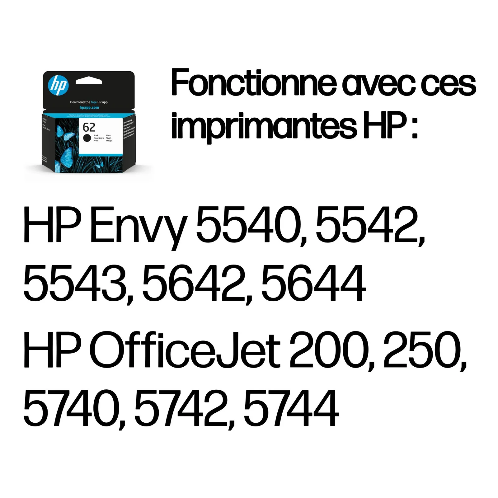 HP 62 cartouche d'encre noire authentique