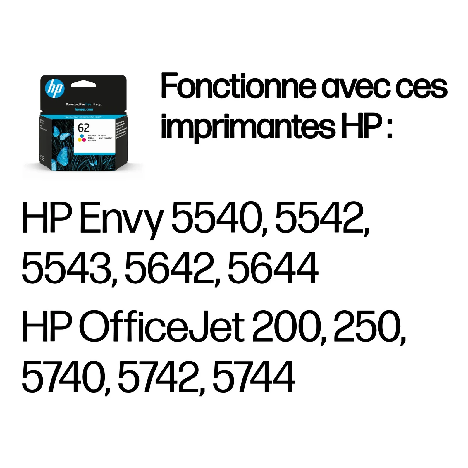 HP 62 cartouche d'encre trois couleurs authentique