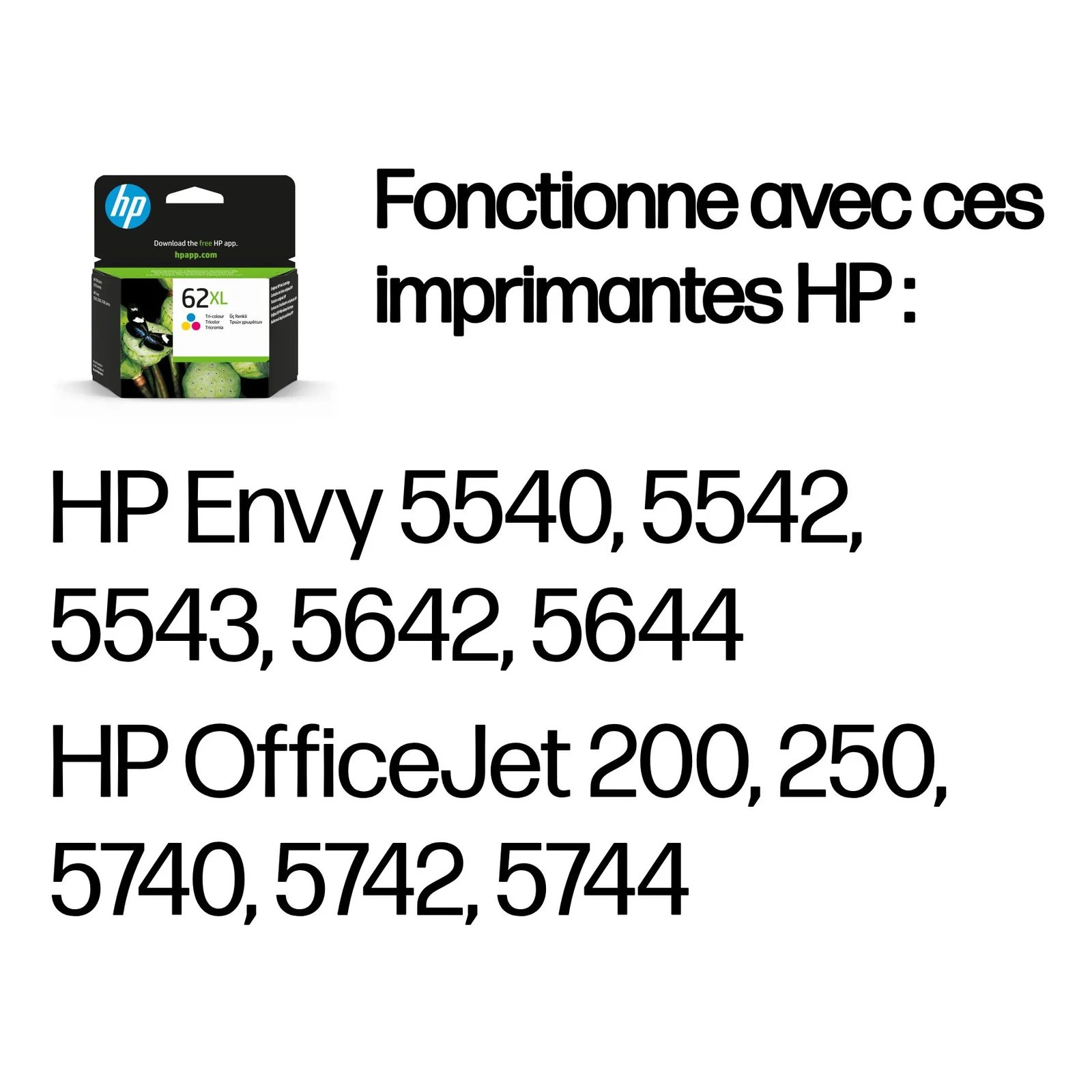 HP 62XL cartouche d'encre trois couleurs grande capacité authentique