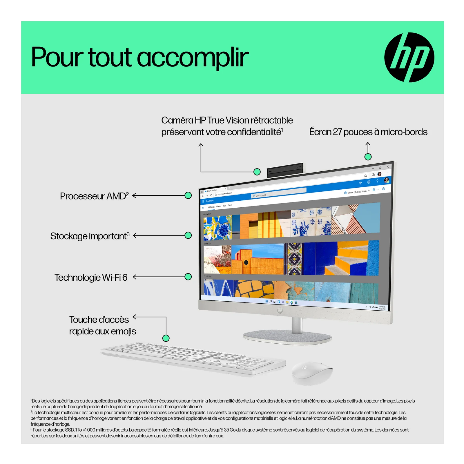 HP All-in-One 27-cr0074nf PC AMD Ryzen™ 7 7730U 68,6 cm (27") 1920 x 1080 pixels 16 Go DDR4-SDRAM 512 Go SSD Windows 11 Home Wi-Fi 6 (802.11ax) Blanc