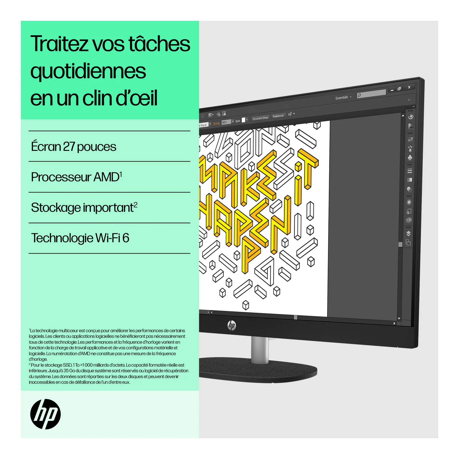 HP All-in-One 27-cr0074nf PC AMD Ryzen™ 7 7730U 68,6 cm (27") 1920 x 1080 pixels 16 Go DDR4-SDRAM 512 Go SSD Windows 11 Home Wi-Fi 6 (802.11ax) Blanc