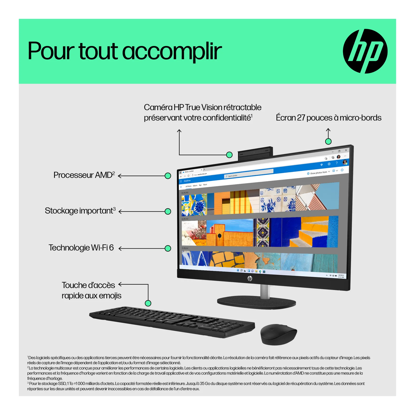 HP All-in-One 27-cr0074nf PC AMD Ryzen™ 7 7730U 68,6 cm (27") 1920 x 1080 pixels 16 Go DDR4-SDRAM 512 Go SSD Windows 11 Home Wi-Fi 6 (802.11ax) Blanc