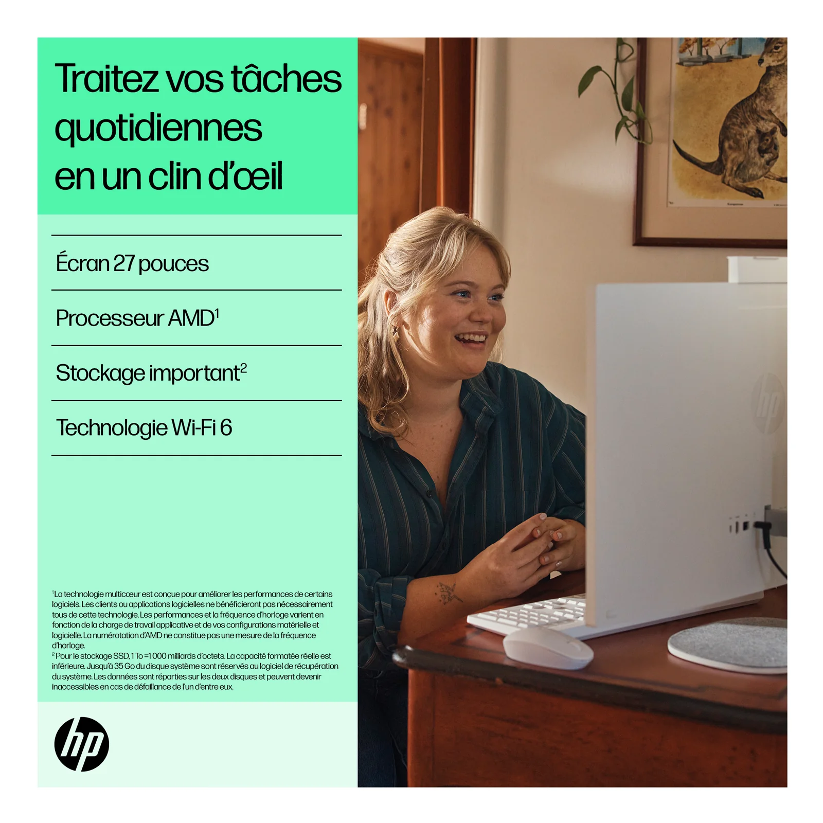 HP All-in-One 27-cr0074nf PC AMD Ryzen™ 7 7730U 68,6 cm (27") 1920 x 1080 pixels 16 Go DDR4-SDRAM 512 Go SSD Windows 11 Home Wi-Fi 6 (802.11ax) Blanc