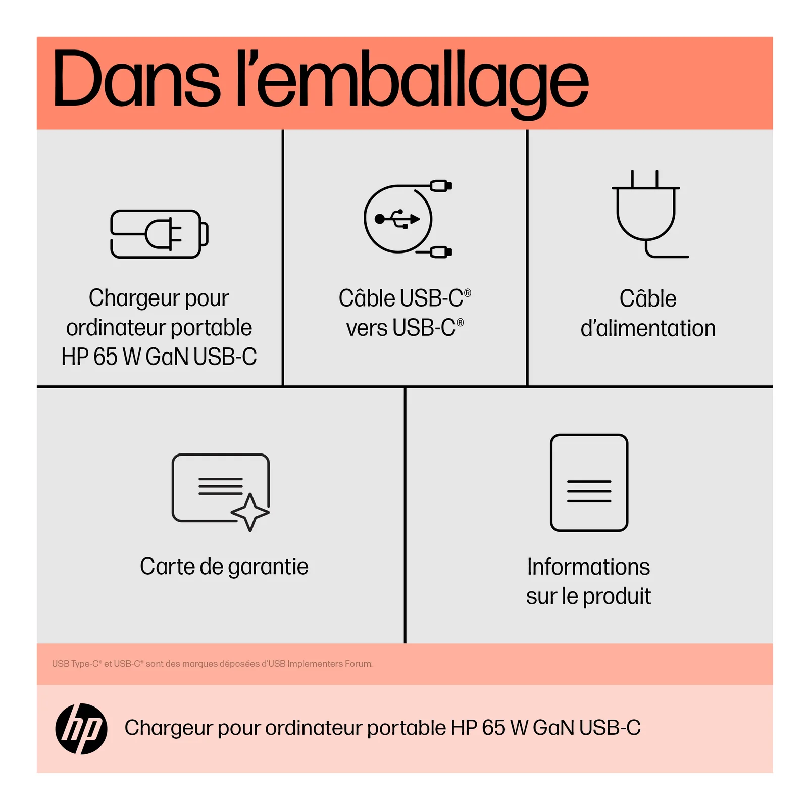 HP Chargeur pour ordinateur portable 65 W GaN USB-C
