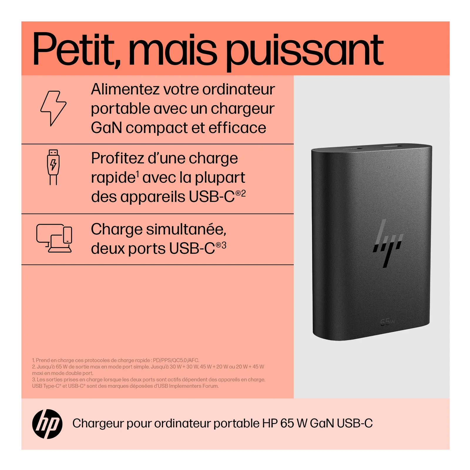 HP Chargeur pour ordinateur portable 65 W GaN USB-C