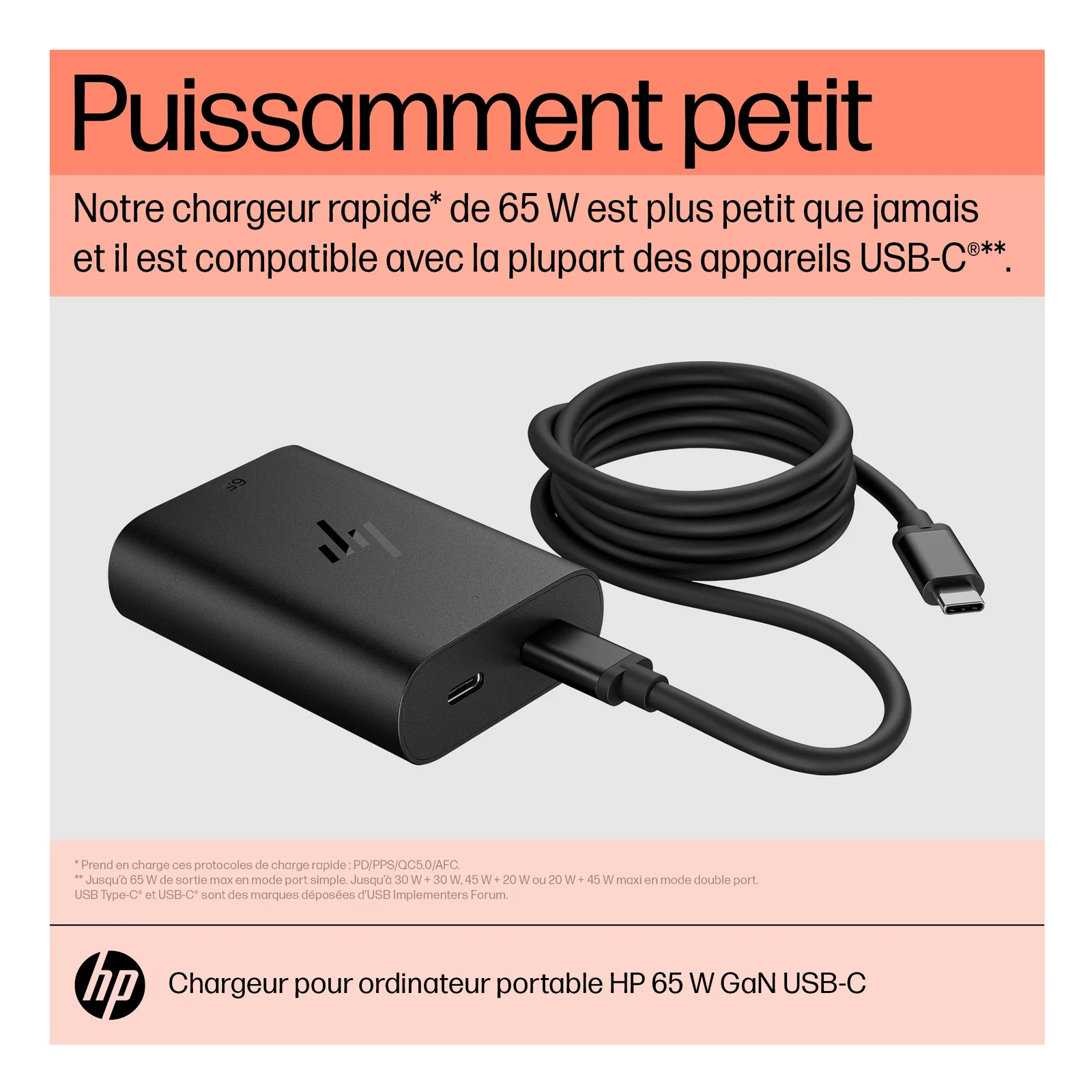 HP Chargeur pour ordinateur portable 65 W GaN USB-C