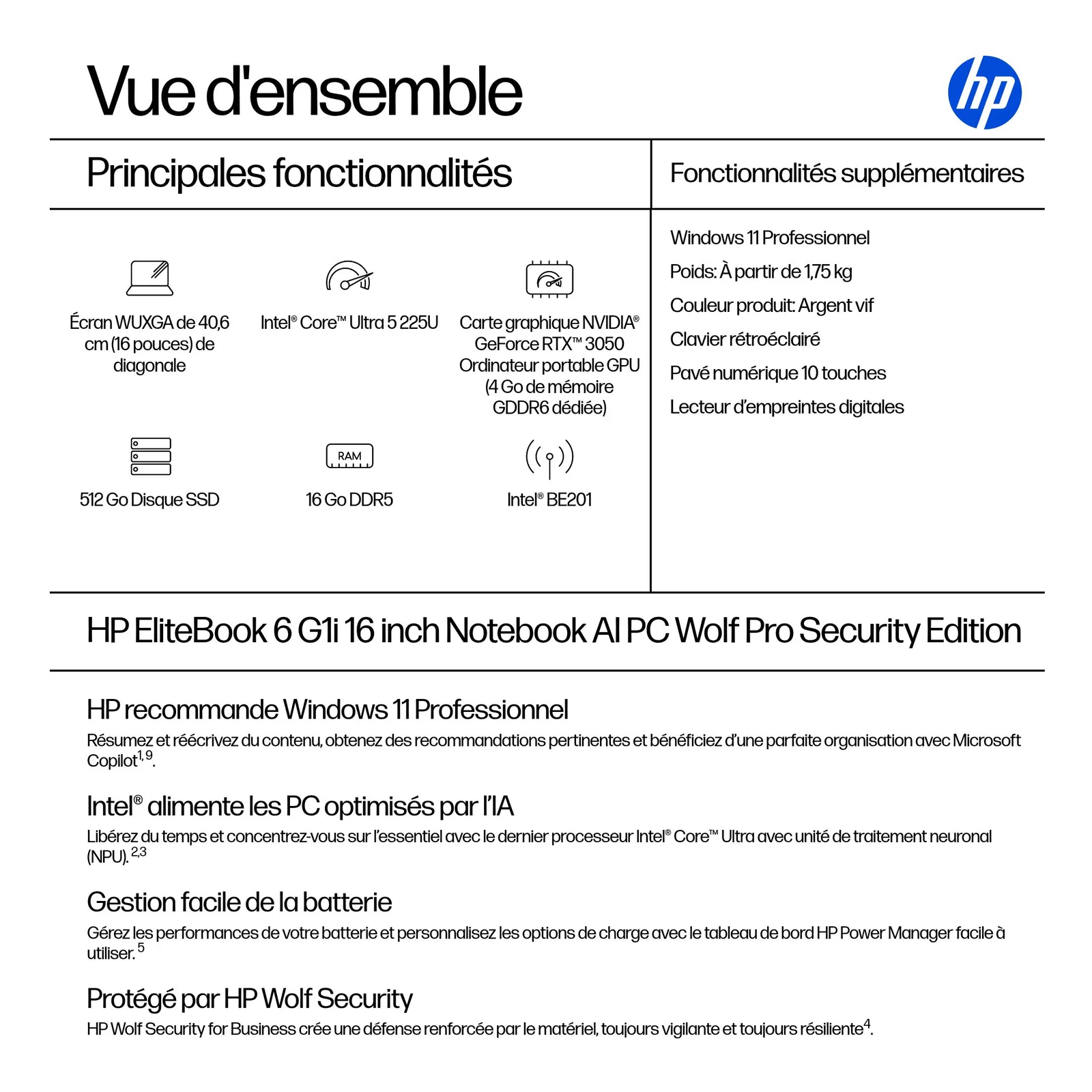 HP EliteBook 6 G1i AI PC Wolf Pro Security Edition Intel Core Ultra 5 225U Ordinateur portable 40,6 cm (16") WUXGA 16 Go DDR5-SDRAM 512 Go SSD Wi-Fi 7 (802.11be) Windows 11 Pro Argent