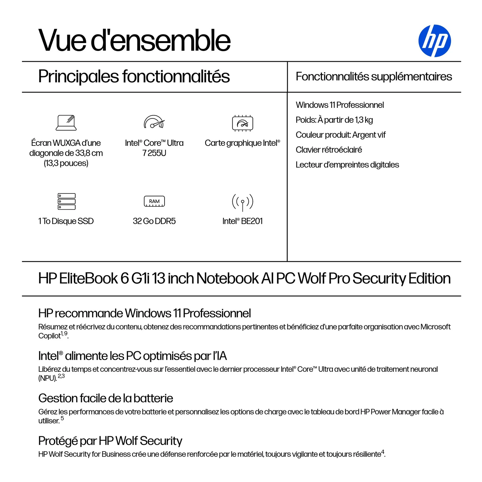 HP EliteBook 6 G1i Wolf Pro Security Edition Intel Core Ultra 7 255U Ordinateur portable 33,8 cm (13.3") WUXGA 32 Go DDR5-SDRAM 1 To SSD Wi-Fi 7 (802.11be) Windows 11 Pro AI PC Argent