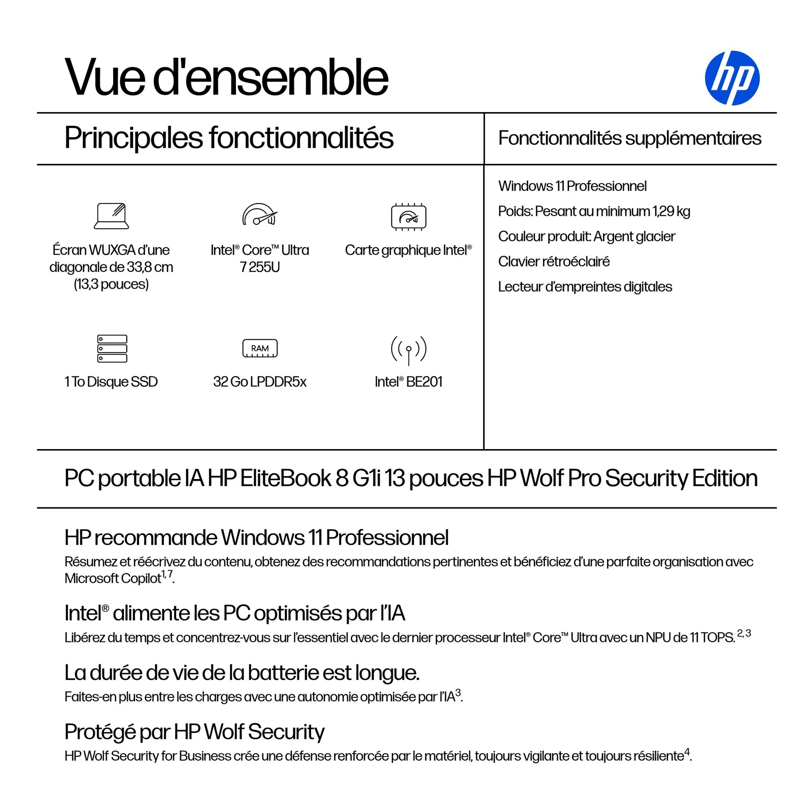 HP EliteBook 8 G1i 13 inch Notebook AI PC Wolf Pro Security Edition Intel Core Ultra 7 255U Ordinateur portable 33,8 cm (13.3") WUXGA 32 Go LPDDR5x-SDRAM 1 To SSD Wi-Fi 7 (802.11be) Windows 11 Pro Argent