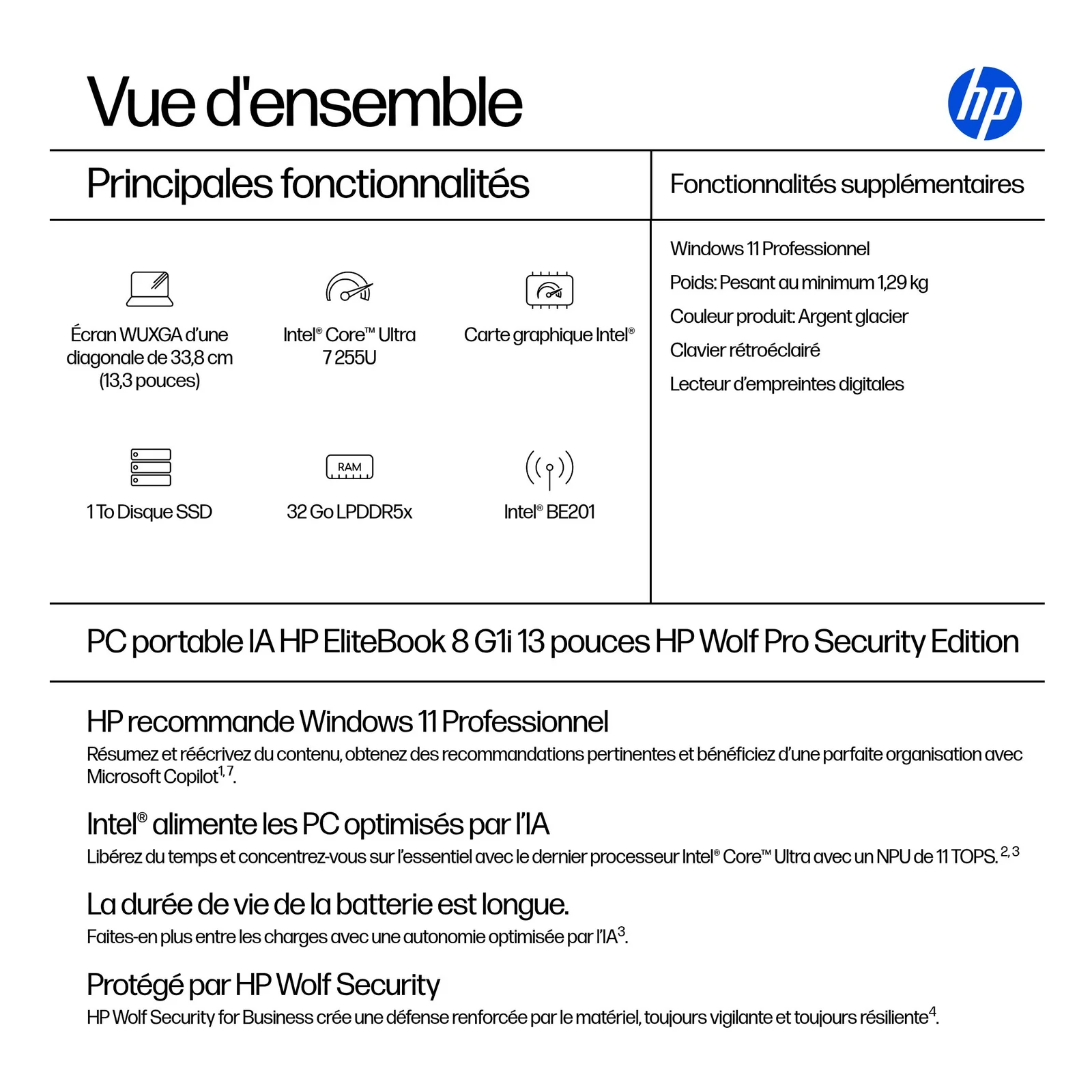 HP EliteBook 8 G1i 13 inch Notebook AI PC Wolf Pro Security Edition Intel Core Ultra 7 255U Ordinateur portable 33,8 cm (13.3") WUXGA 32 Go LPDDR5x-SDRAM 1 To SSD Wi-Fi 7 (802.11be) Windows 11 Pro Argent