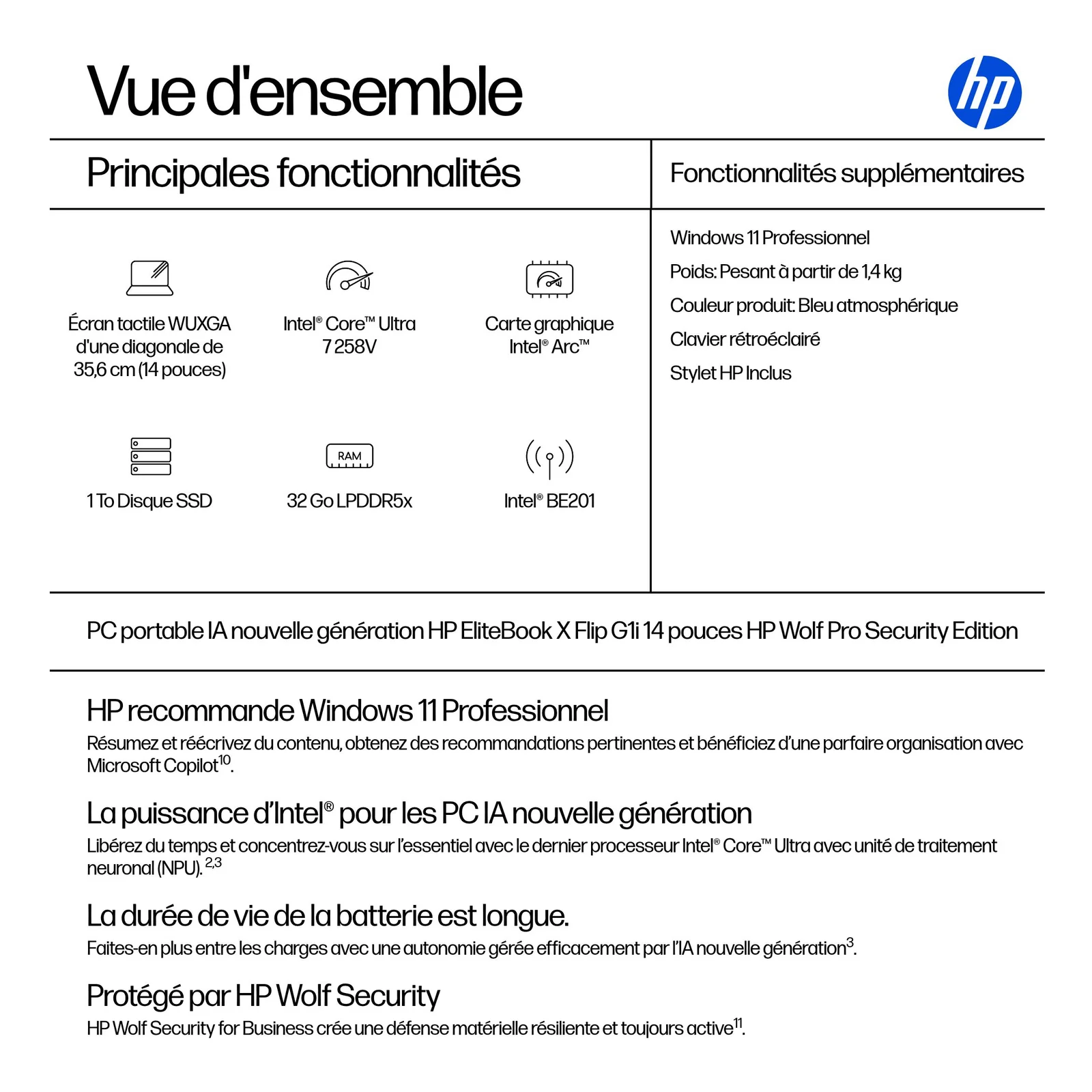 HP EliteBook X Flip G1i Next Gen AI PC Wolf Pro Security Edition Copilot+ PC Intel Core Ultra 7 258V Hybride (2-en-1) 35,6 cm (14") Écran tactile WUXGA 32 Go LPDDR5x-SDRAM 1 To SSD Wi-Fi 7 (802.11be) Windows 11 Pro Bleu