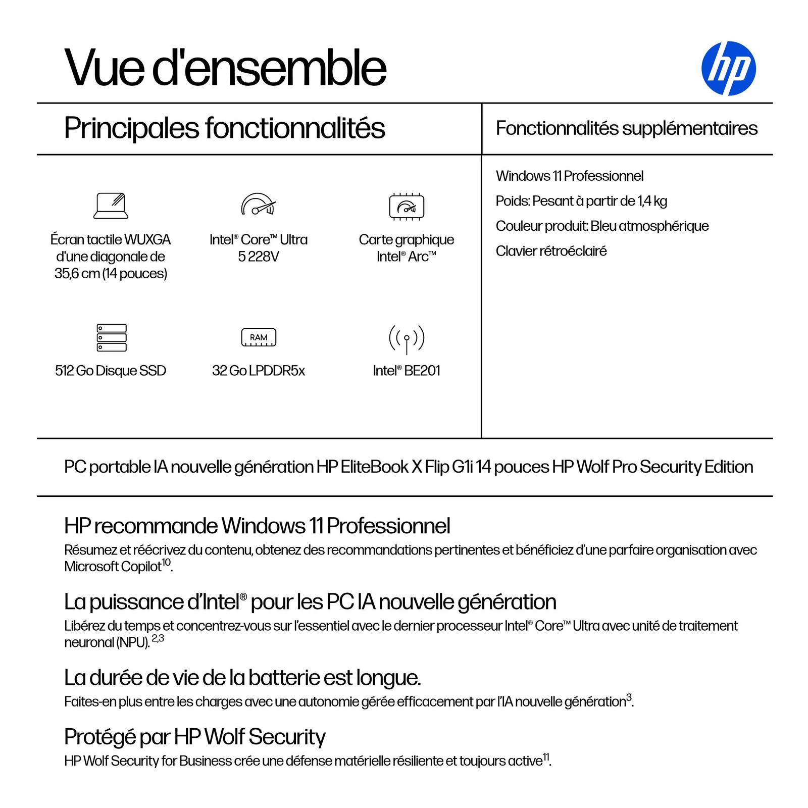 HP EliteBook X Flip G1i Next Gen AI Wolf Pro Security Edition Copilot+ PC Intel Core Ultra 5 228V Hybride (2-en-1) 35,6 cm (14") Écran tactile WUXGA 32 Go LPDDR5x-SDRAM 512 Go SSD Wi-Fi 7 (802.11be) Windows 11 Pro Bleu