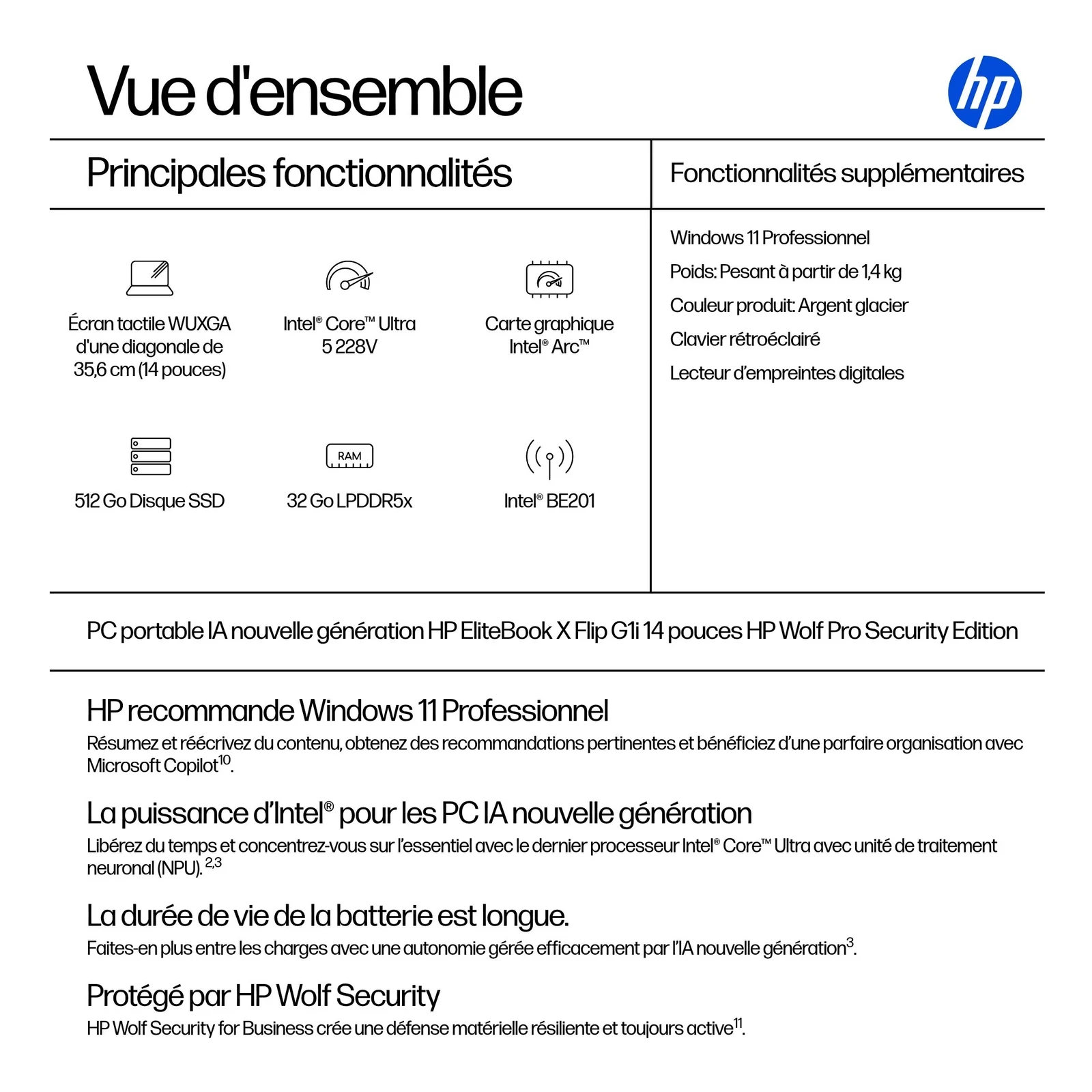 HP EliteBook X Flip G1i Next Gen AI Wolf Pro Security Edition Copilot+ PC Intel Core Ultra 5 228V Hybride (2-en-1) 35,6 cm (14") Écran tactile WUXGA 32 Go LPDDR5x-SDRAM 512 Go SSD Wi-Fi 7 (802.11be) Windows 11 Pro Argent