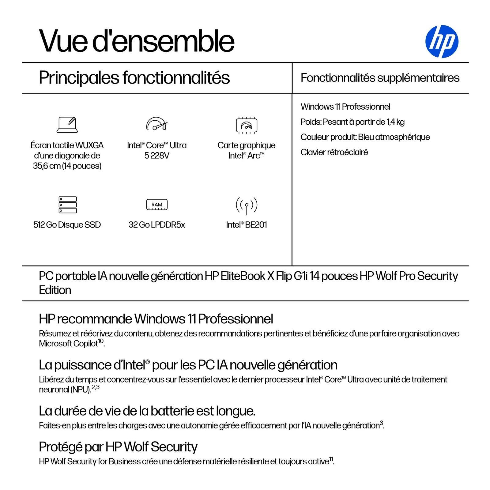 HP EliteBook X Flip G1i Next Gen AI Wolf Pro Security Edition Copilot+ PC Intel Core Ultra 5 228V Hybride (2-en-1) 35,6 cm (14") Écran tactile WUXGA 32 Go LPDDR5x-SDRAM 512 Go SSD Wi-Fi 7 (802.11be) Windows 11 Pro Bleu