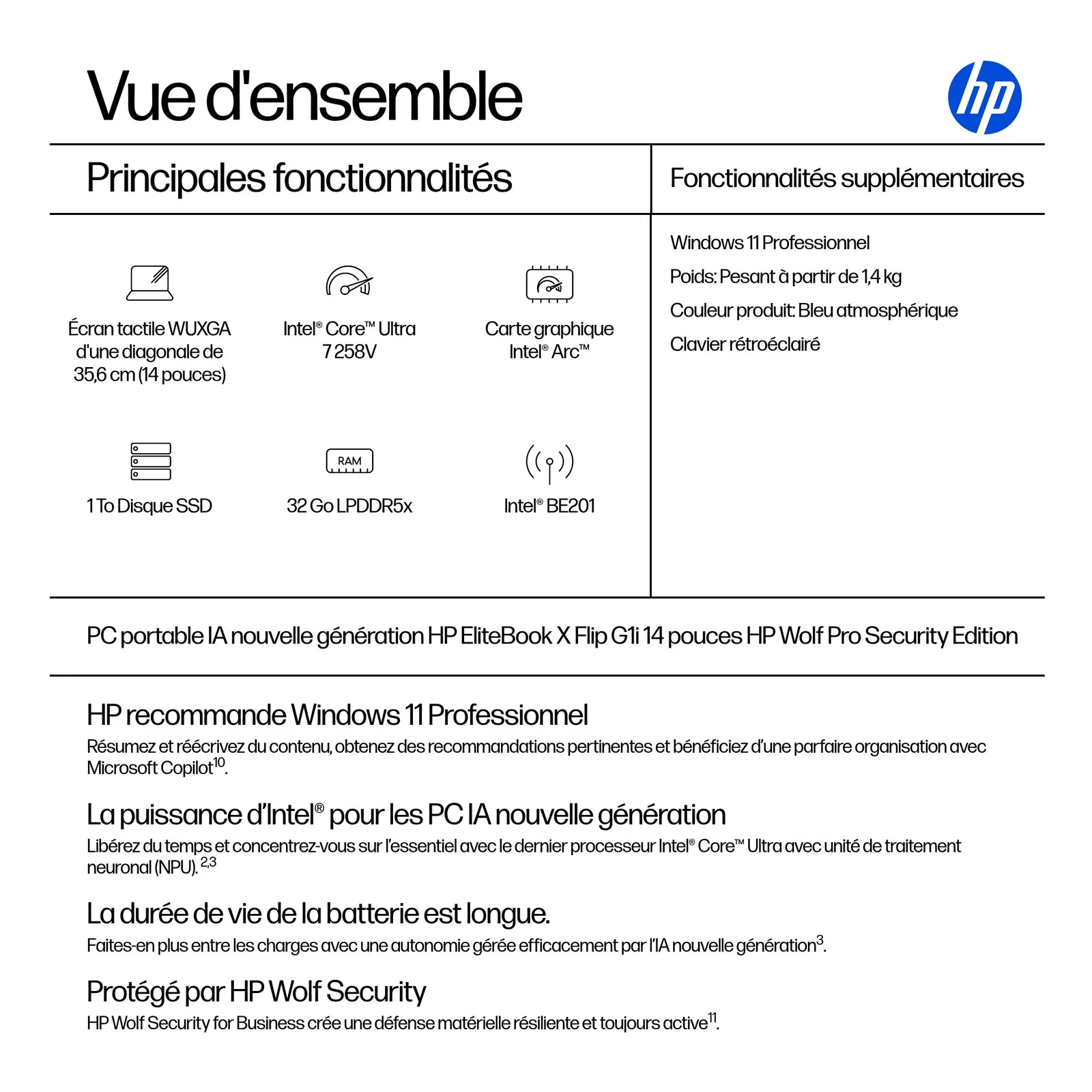 HP EliteBook X Flip G1i Next Gen AI Wolf Pro Security Edition Copilot+ PC Intel Core Ultra 7 258V Hybride (2-en-1) 35,6 cm (14") Écran tactile WUXGA 32 Go LPDDR5x-SDRAM 1 To SSD Wi-Fi 7 (802.11be) Windows 11 Pro Bleu