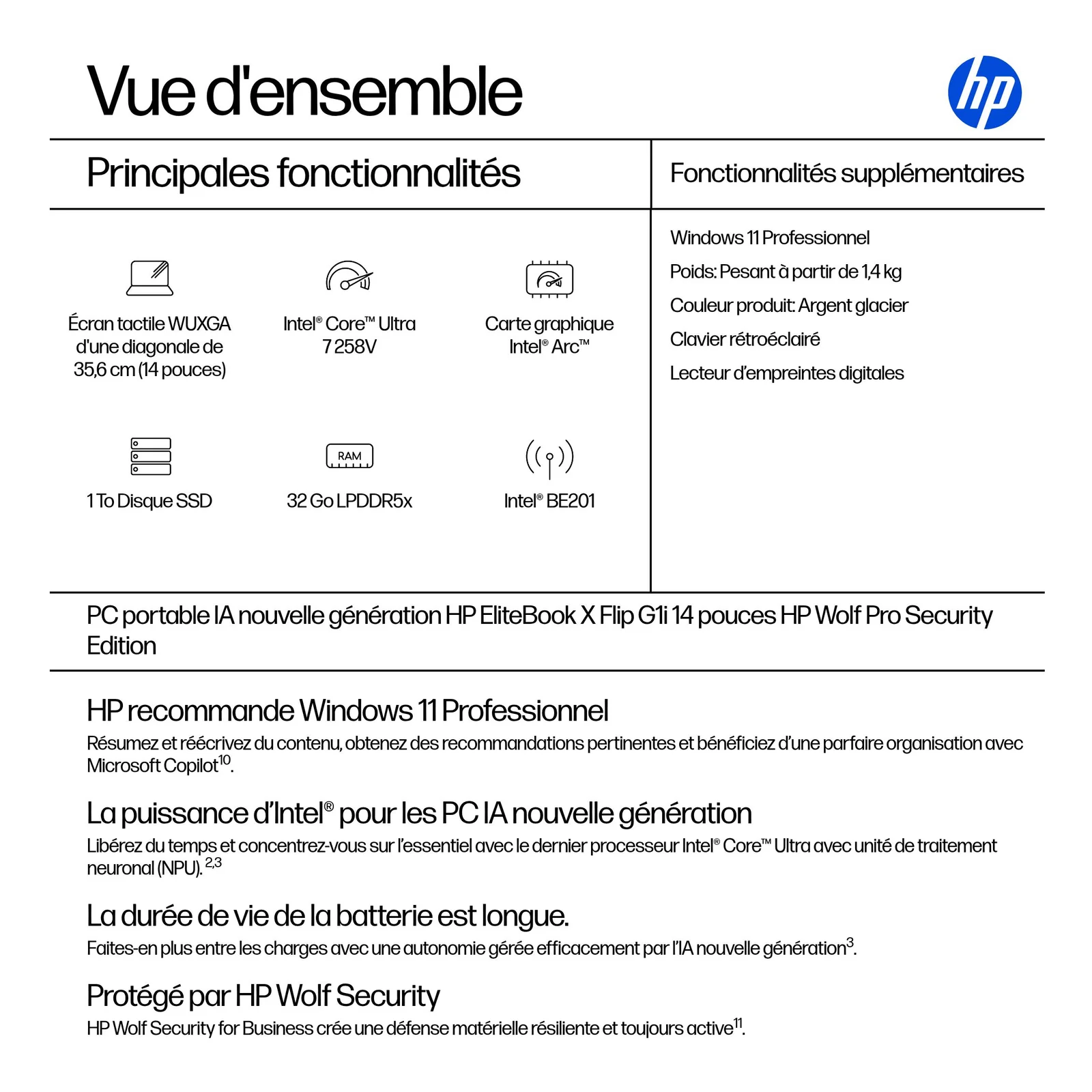 HP EliteBook X Flip G1i Next Gen AI Wolf Pro Security Edition Copilot+ PC Intel Core Ultra 7 258V Hybride (2-en-1) 35,6 cm (14") Écran tactile WUXGA 32 Go LPDDR5x-SDRAM 1 To SSD Wi-Fi 7 (802.11be) Windows 11 Pro Argent